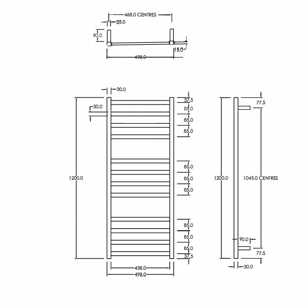 CODE SQUARE HEATED TOWEL LADDERS 1200X500MM - 5 COLOURS WHOLESALE