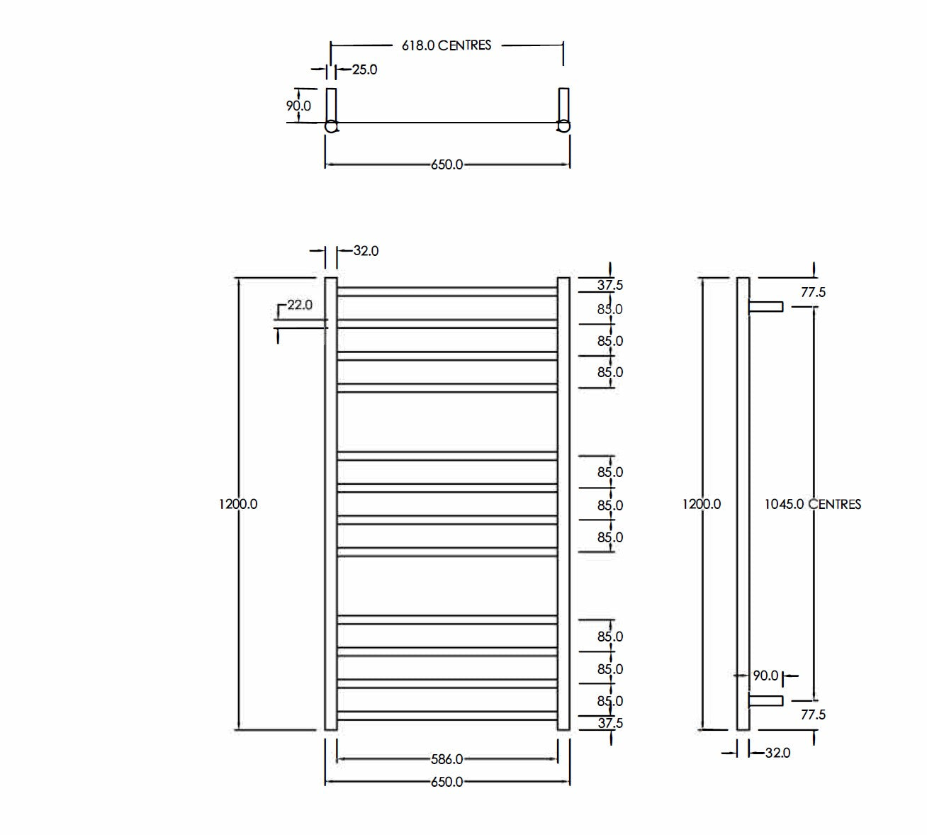 CODE ROUND HEATED TOWEL LADDER 1200X650MM - 6 COLOURS WHOLESALE