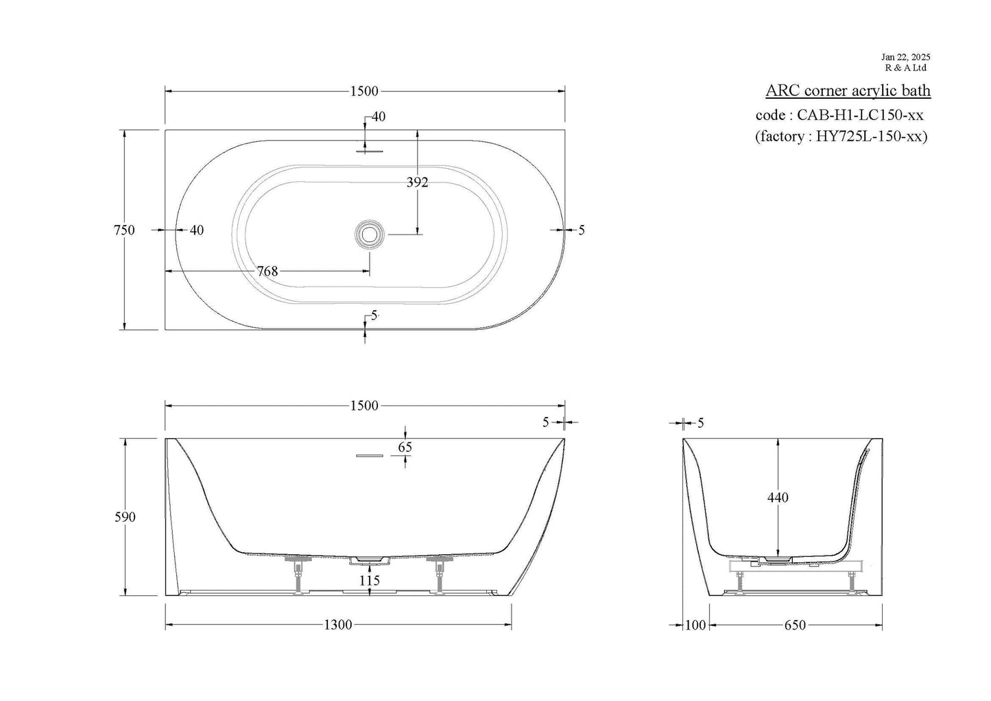 CODE ENDURA ARC ACRYLIC CORNER BATH 1500 RANGE WHOLESALE