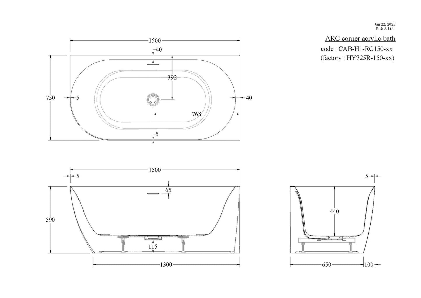 CODE ENDURA ARC ACRYLIC CORNER BATH 1500 RANGE WHOLESALE