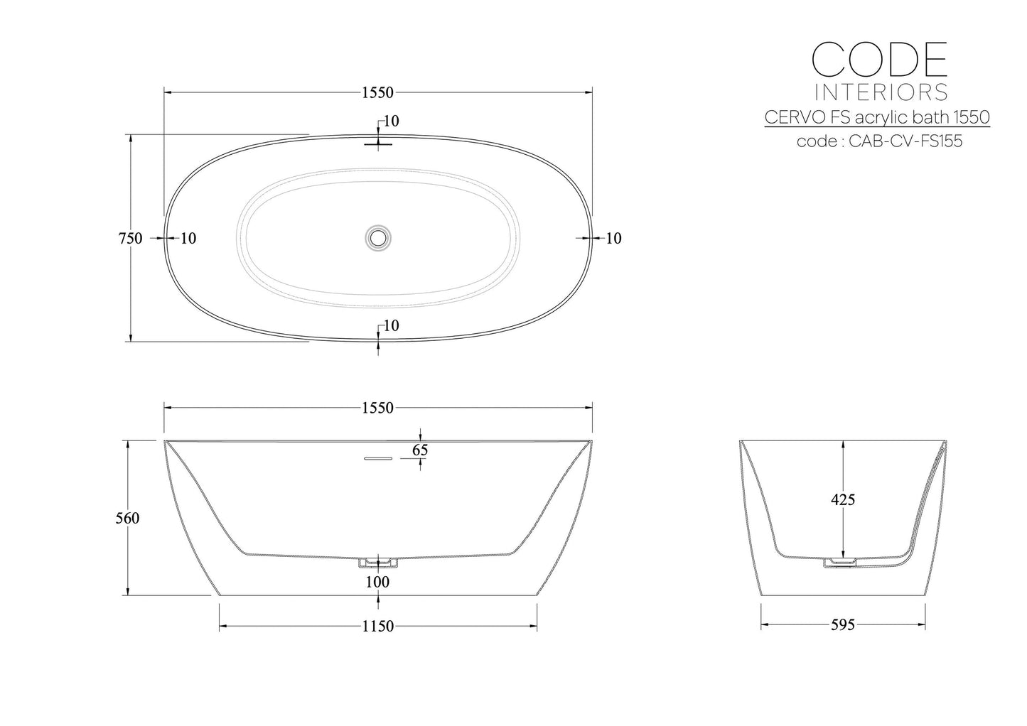 CODE ENDURA CERVO ACRYLIC 1550 FREESTANDING BATH WHOLESALE