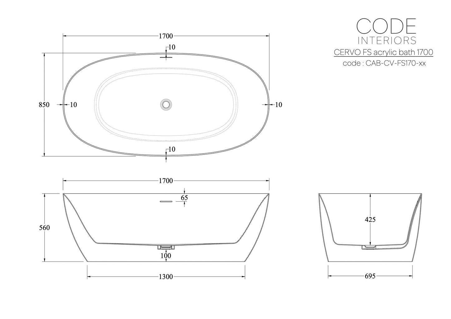 CODE ENDURA CERVO ACRYLIC 1700 FREESTANDING BATH WHOLESALE