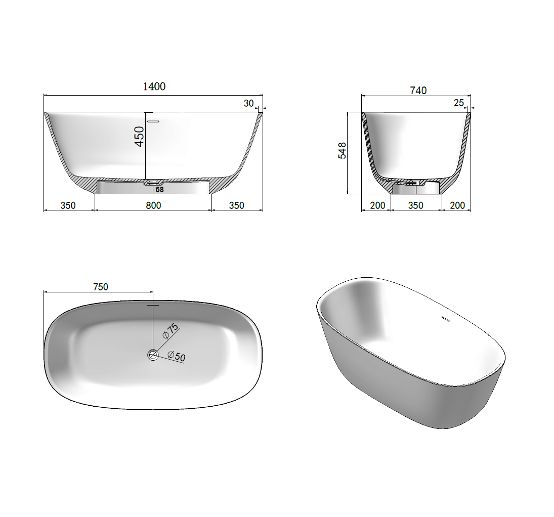 CODE VILLASTONE CERVO 1400 FREESTANDING BATH WHOLESALE