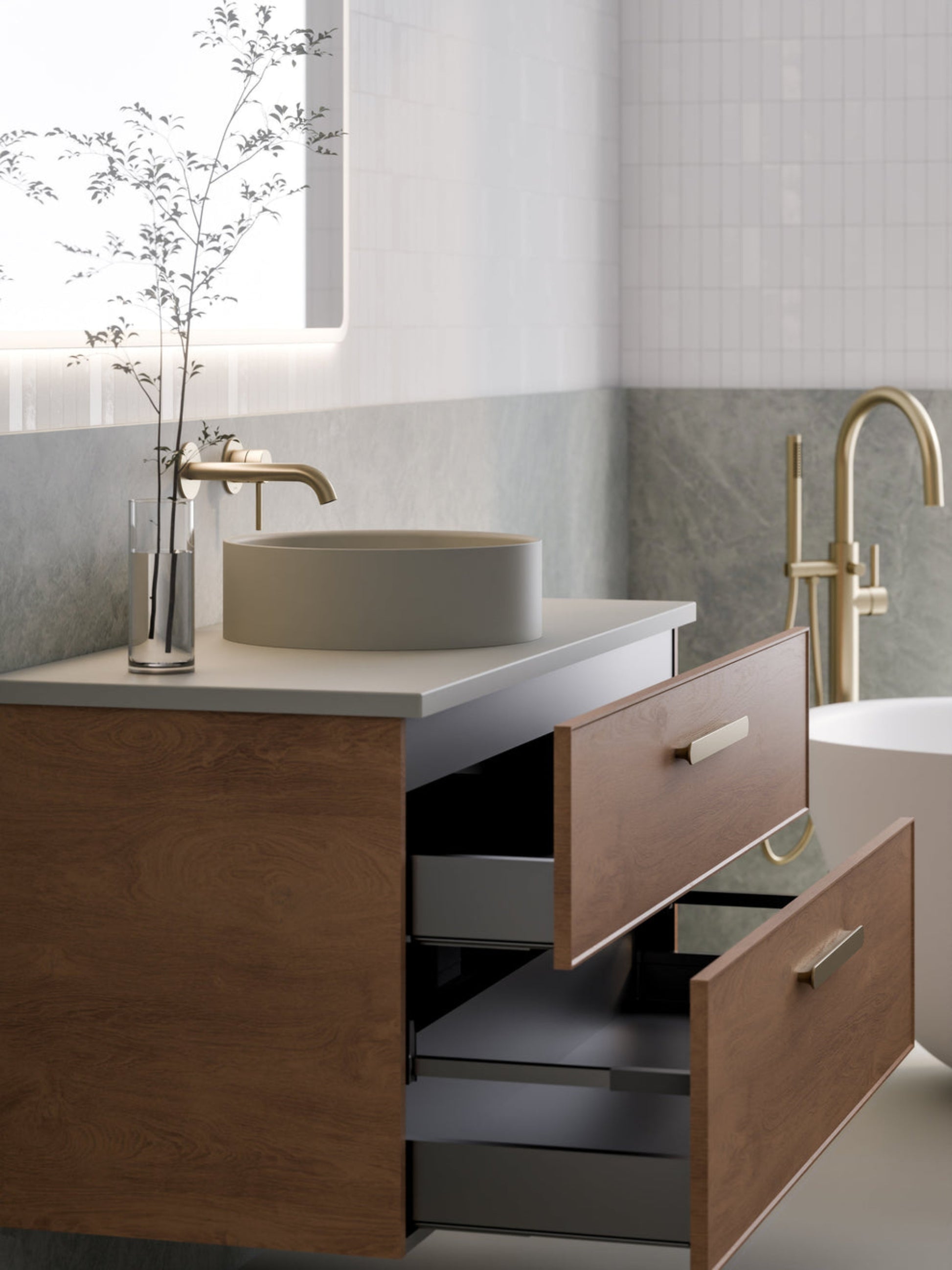 LINEARE 1200 AXEL DOUBLE DRAWER BATHROOM VANITY - SOLID SLAB TOP DEVON OAK