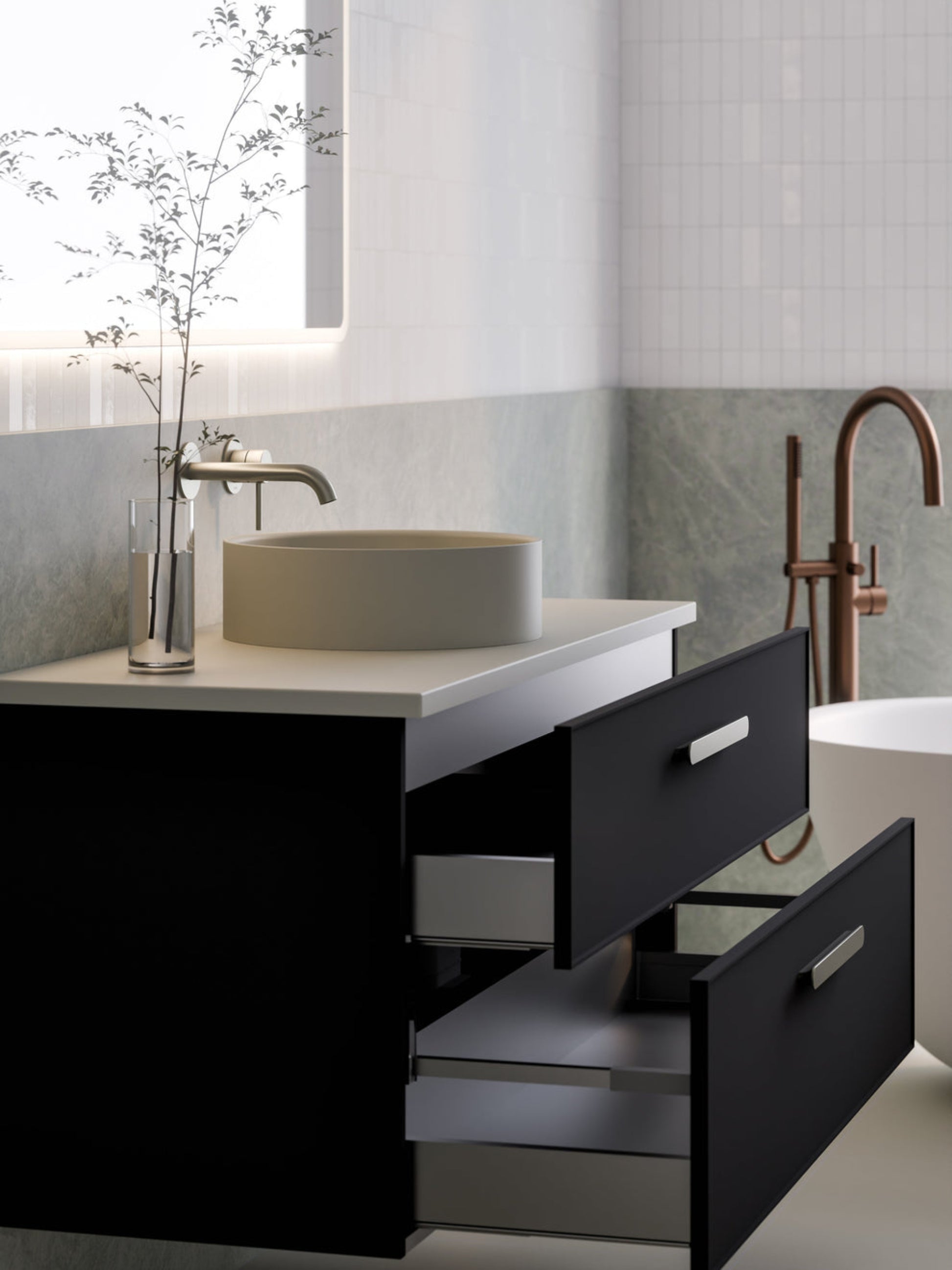 LINEARE 1200 AXEL DOUBLE DRAWER BATHROOM VANITY - SOLID SLAB TOP MATTE BLACK