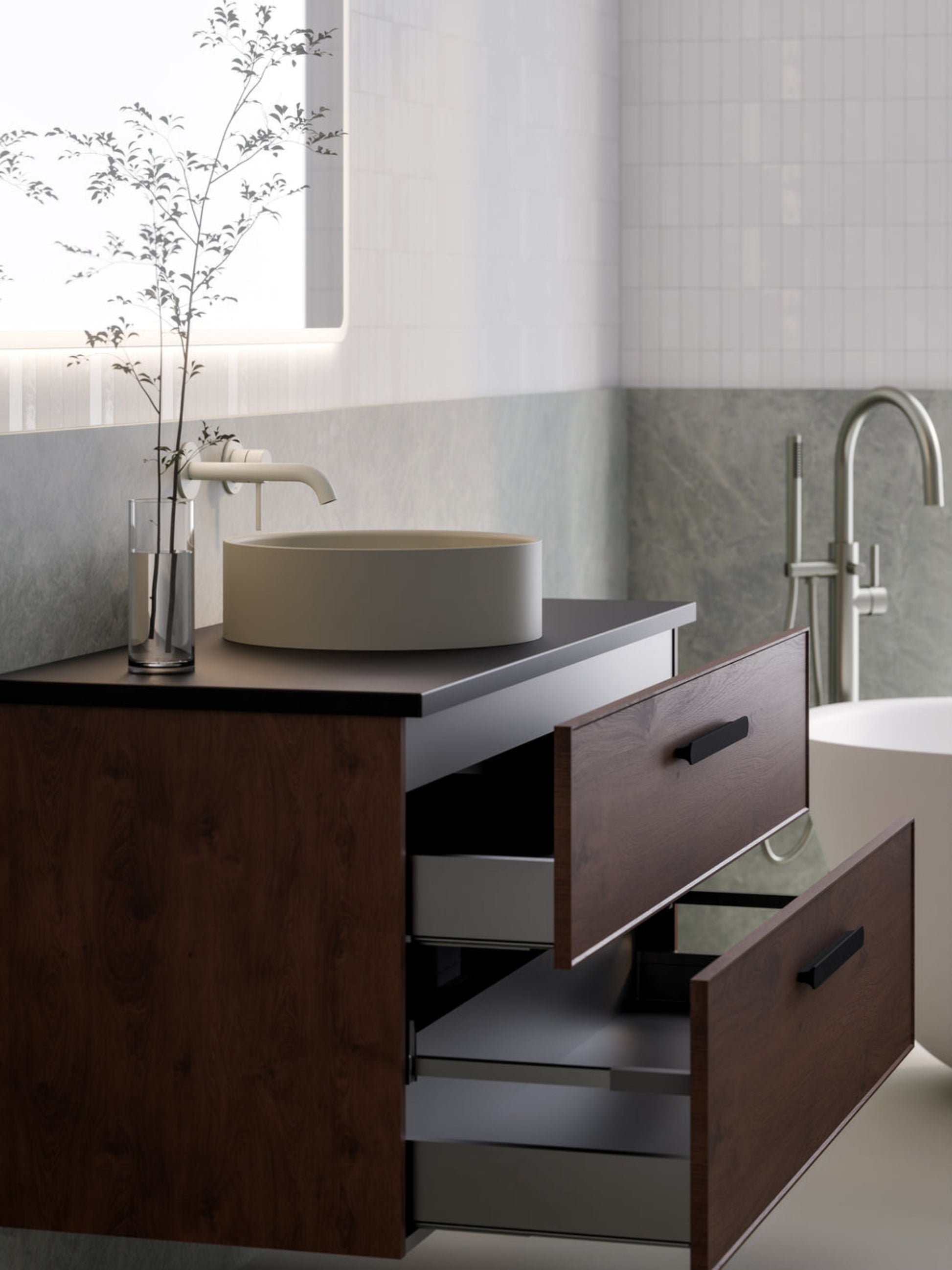 LINEARE 1200 AXEL DOUBLE DRAWER BATHROOM VANITY - SOLID SLAB TOP WALNUT