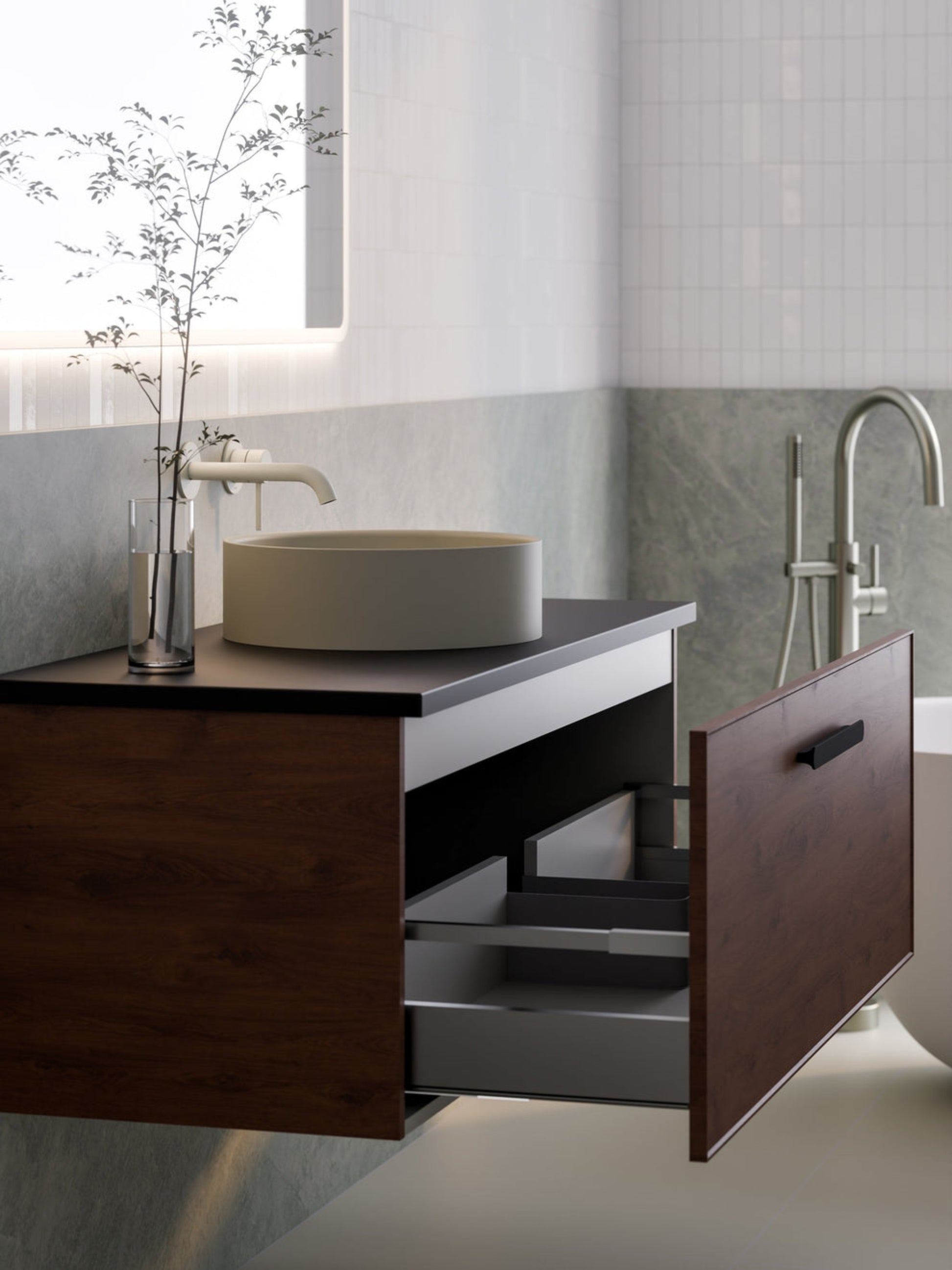 LINEARE 1200 AXEL SINGLE DRAWER BATHROOM VANITY - SOLID SLAB TOP WALNUT