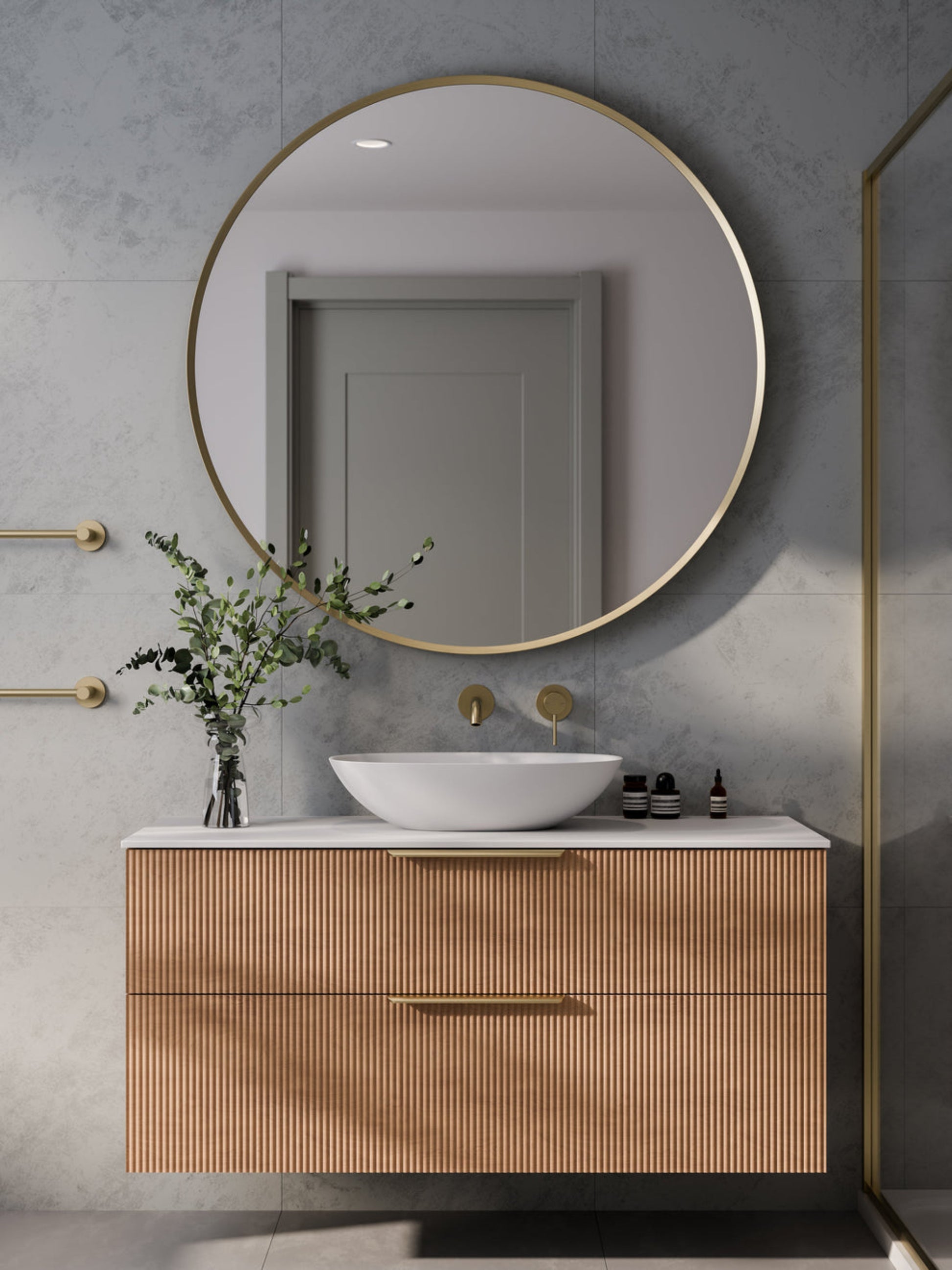 LINEARE 1200 PILLAR DOUBLE DRAWER BATHROOM VANITY - SOLID SLAB TOP DEVON OAK