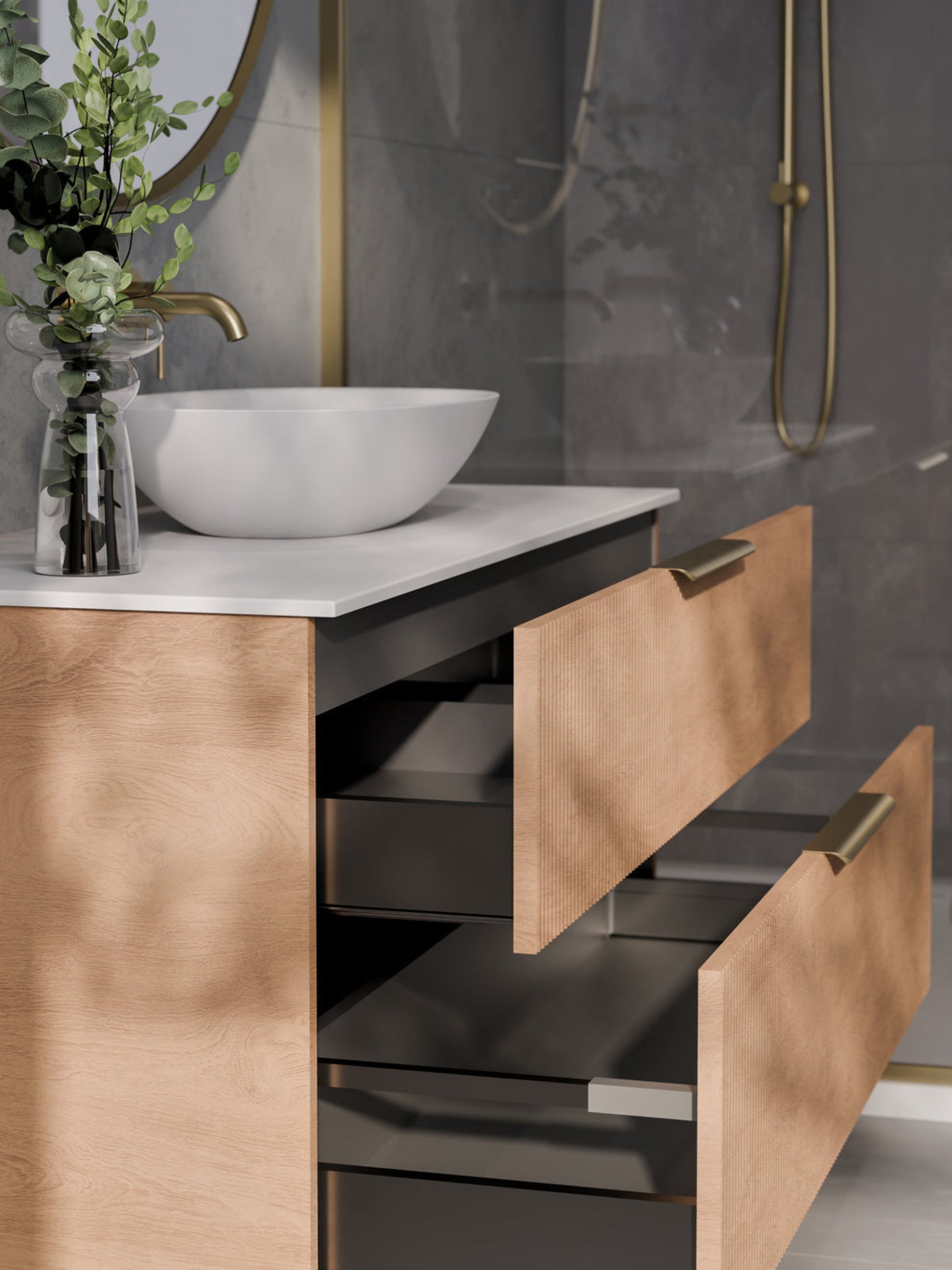 LINEARE 1200 PILLAR DOUBLE DRAWER BATHROOM VANITY - SOLID SLAB TOP DEVON OAK