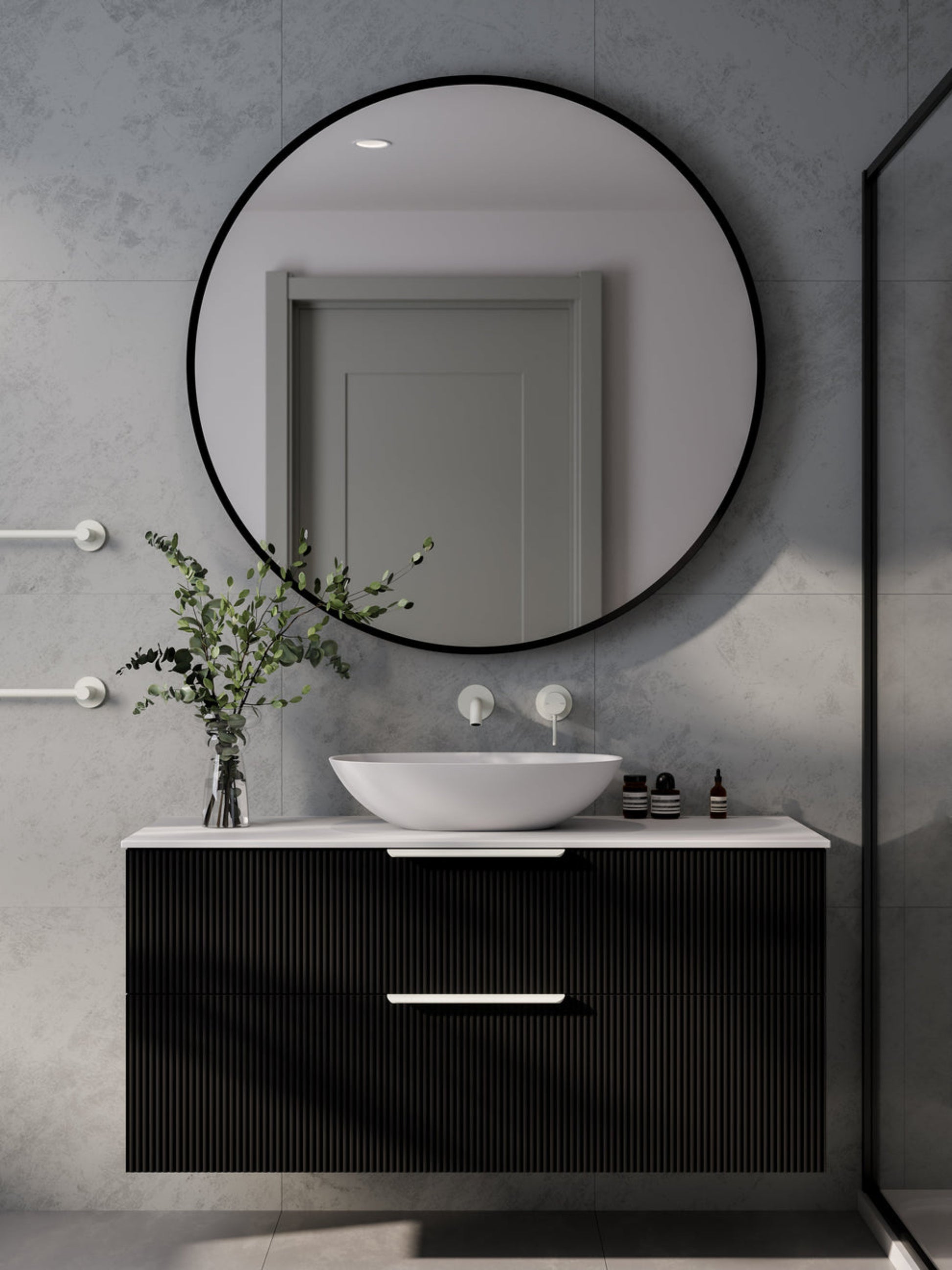 LINEARE 1200 PILLAR DOUBLE DRAWER BATHROOM VANITY - SOLID SLAB TOP MATTE BLACK