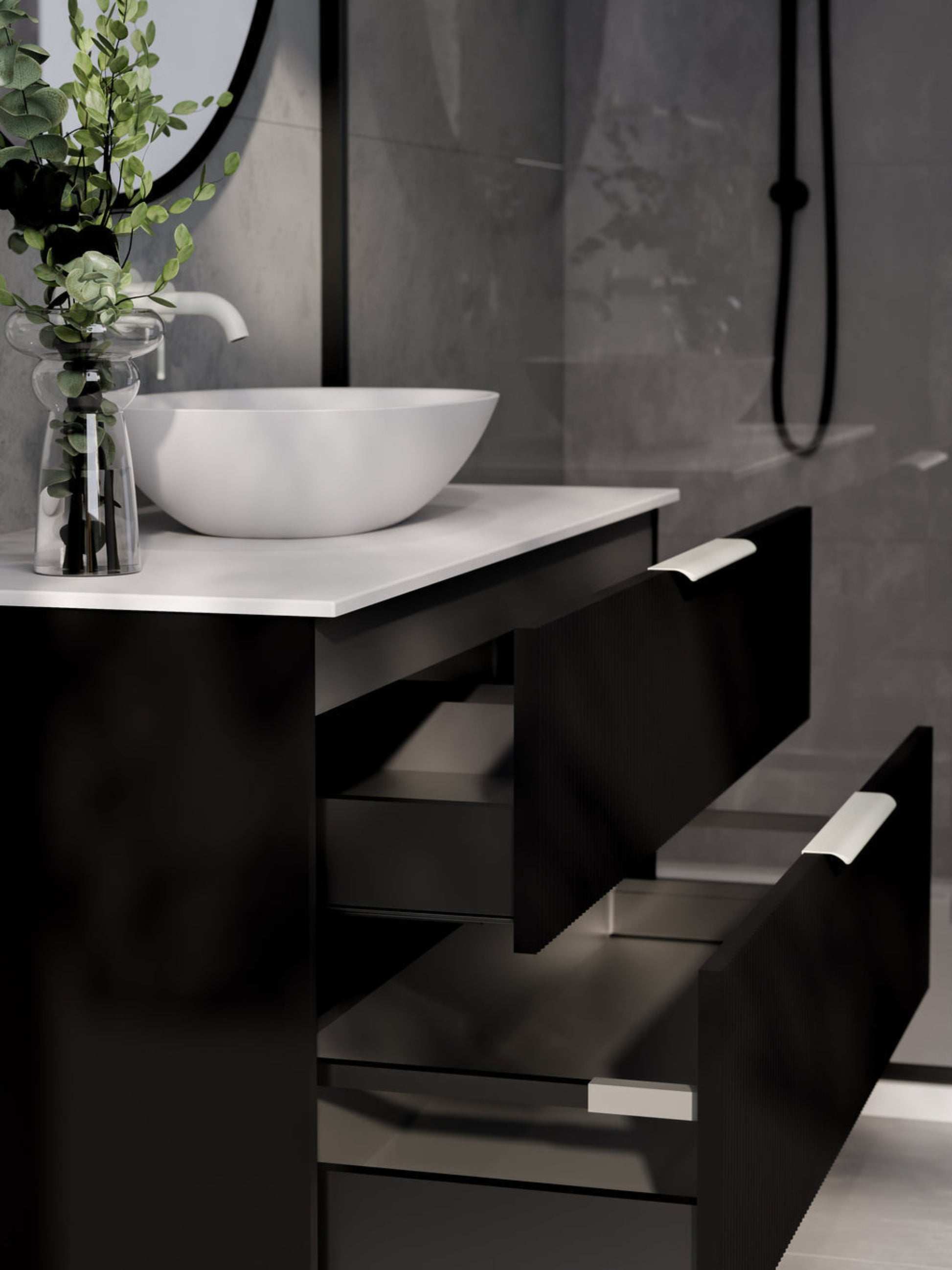 LINEARE 1200 PILLAR DOUBLE DRAWER BATHROOM VANITY - SOLID SLAB TOP MATTE BLACK