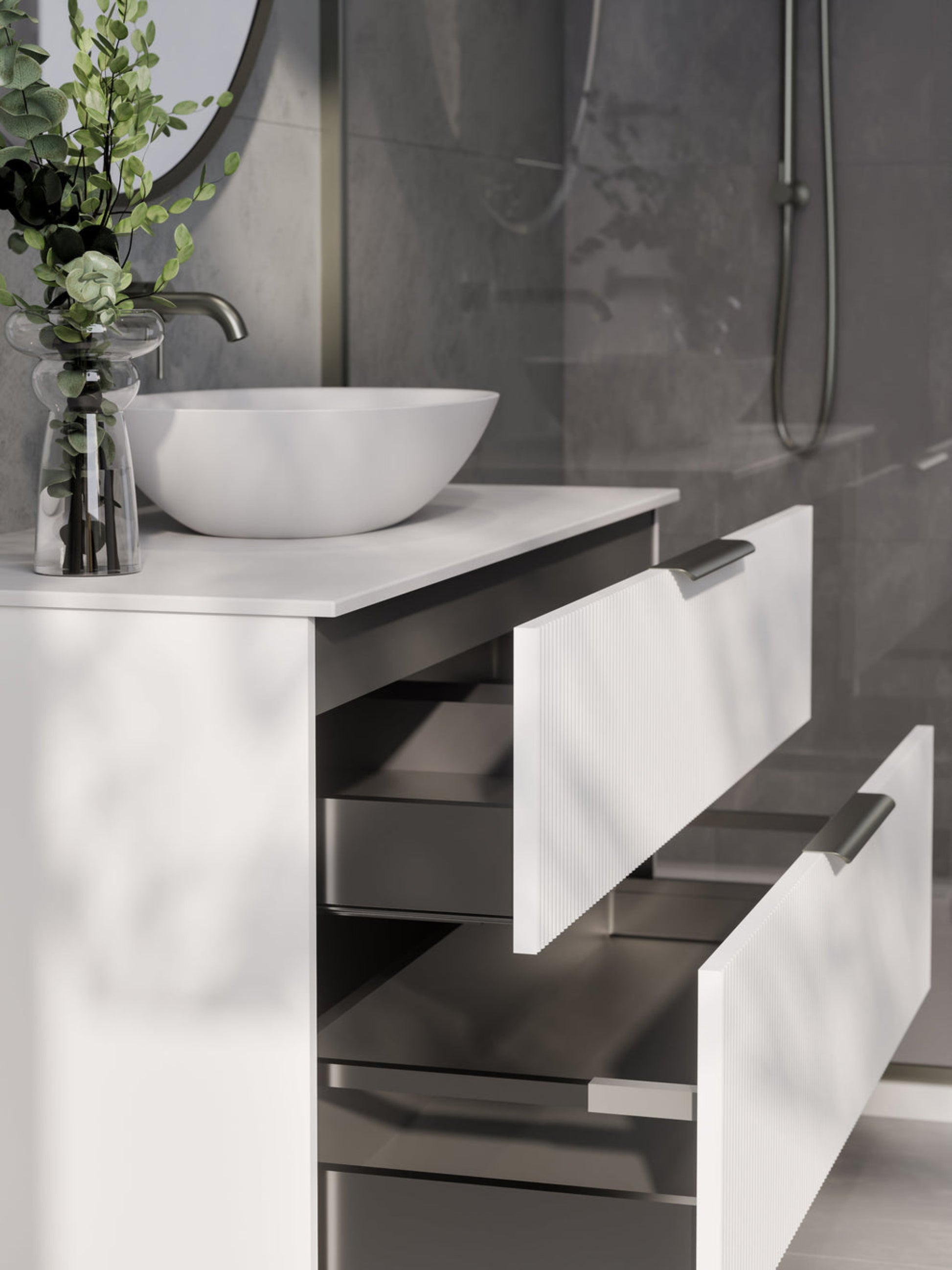 LINEARE 1200 PILLAR DOUBLE DRAWER BATHROOM VANITY - SOLID SLAB TOP MATTE WHITE