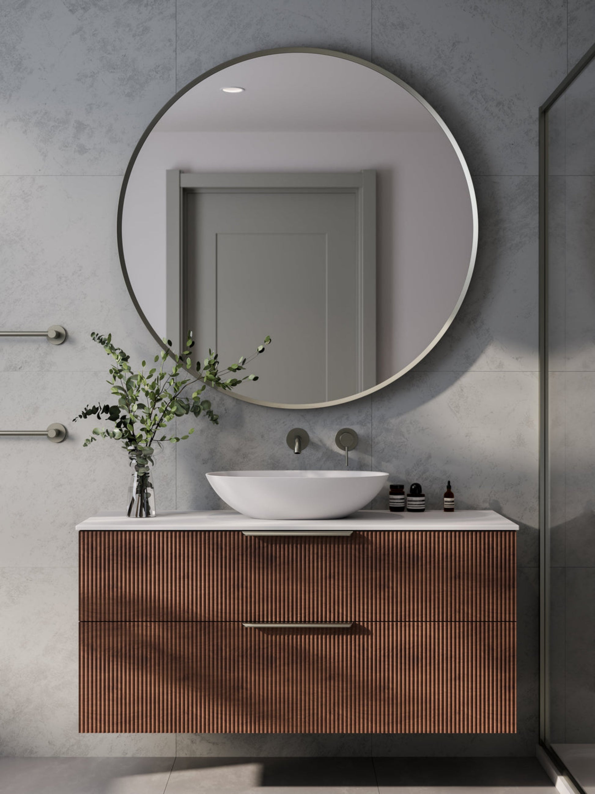LINEARE 1200 PILLAR DOUBLE DRAWER BATHROOM VANITY - SOLID SLAB TOP WALNUT