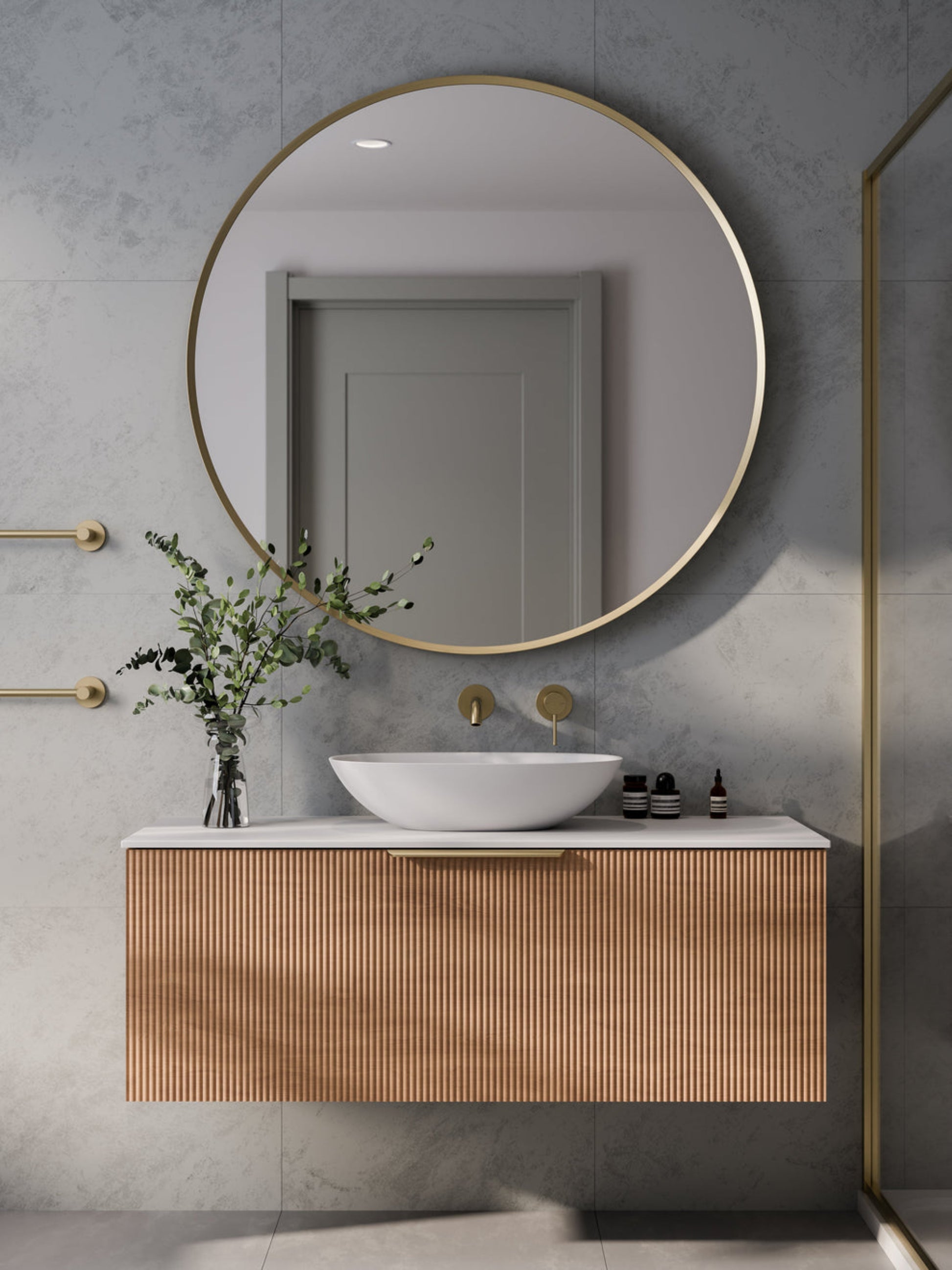 LINEARE 1200 PILLAR SINGLE DRAWER BATHROOM VANITY - SOLID SLAB TOP DEVON OAK