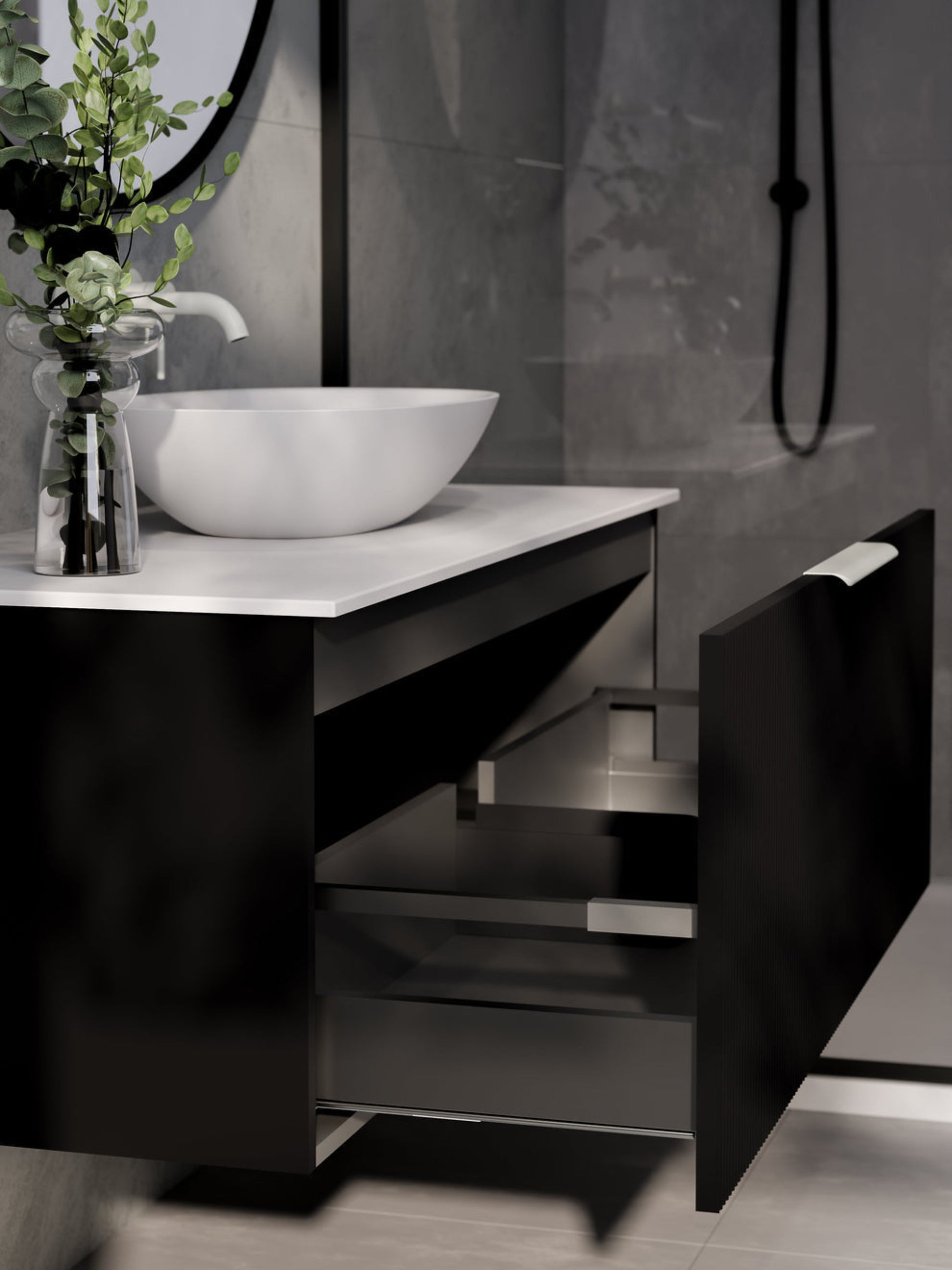 LINEARE 1200 PILLAR SINGLE DRAWER BATHROOM VANITY - SOLID SLAB TOP MATTE BLACK