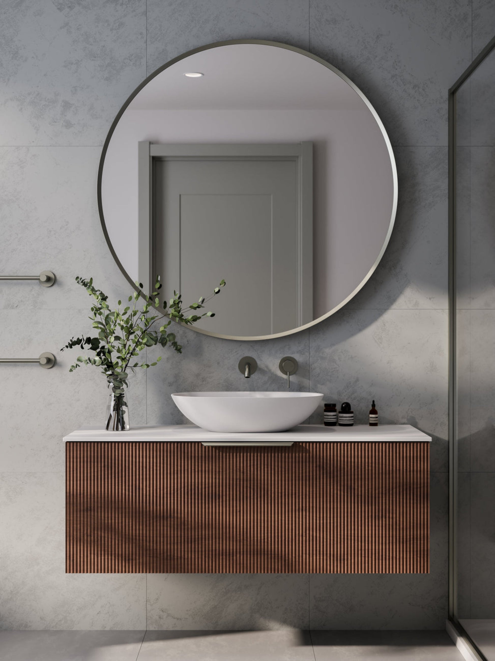 LINEARE 1200 PILLAR SINGLE DRAWER BATHROOM VANITY - SOLID SLAB TOP WALNUT