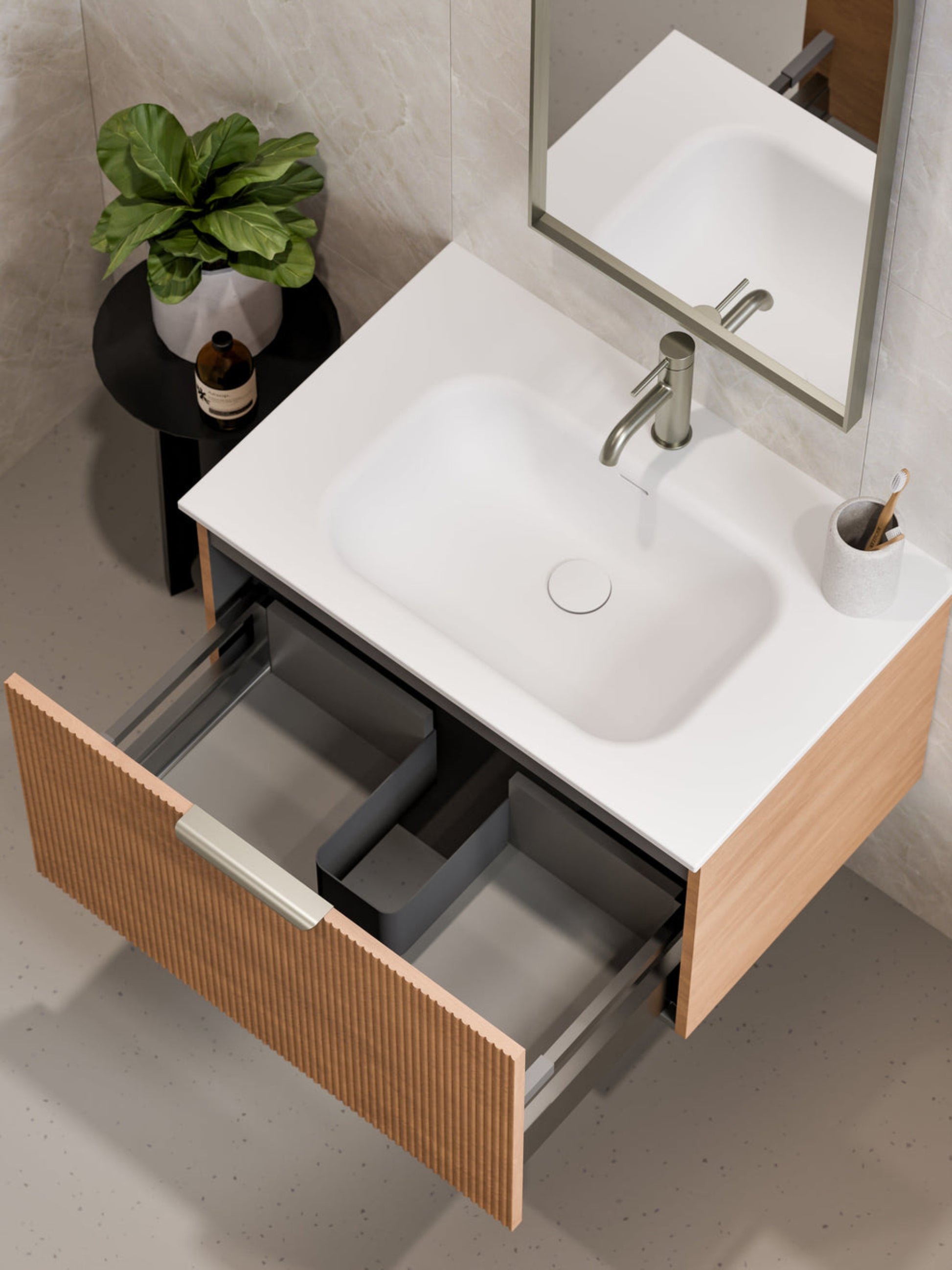 LINEARE 750 PILLAR SINGLE DRAWER BATHROOM VANITY DEVON OAK