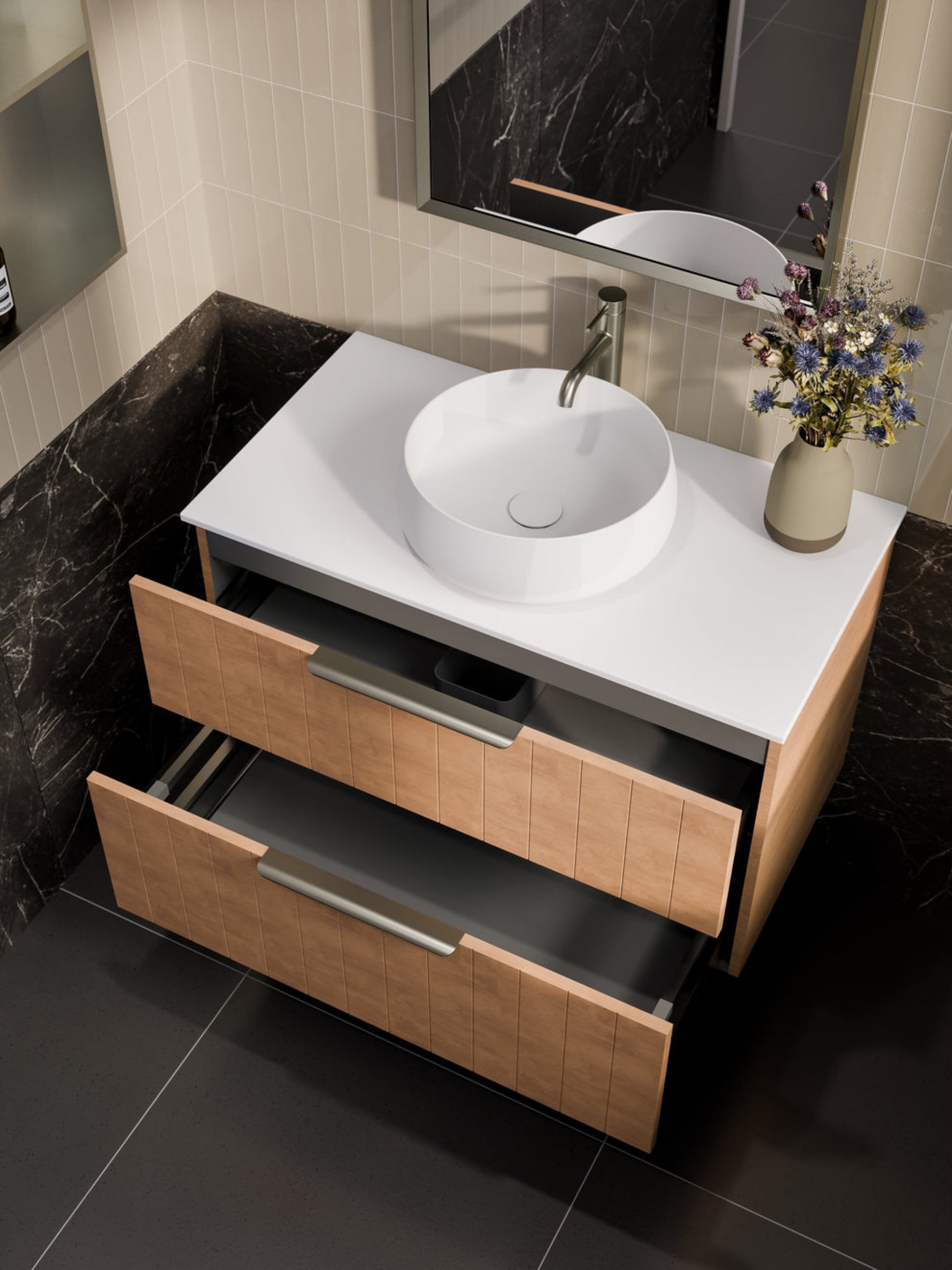 LINEARE 900 COASTAL DOUBLE DRAWER BATHROOM VANITY - SOLID SLAB TOP DEVON OAK