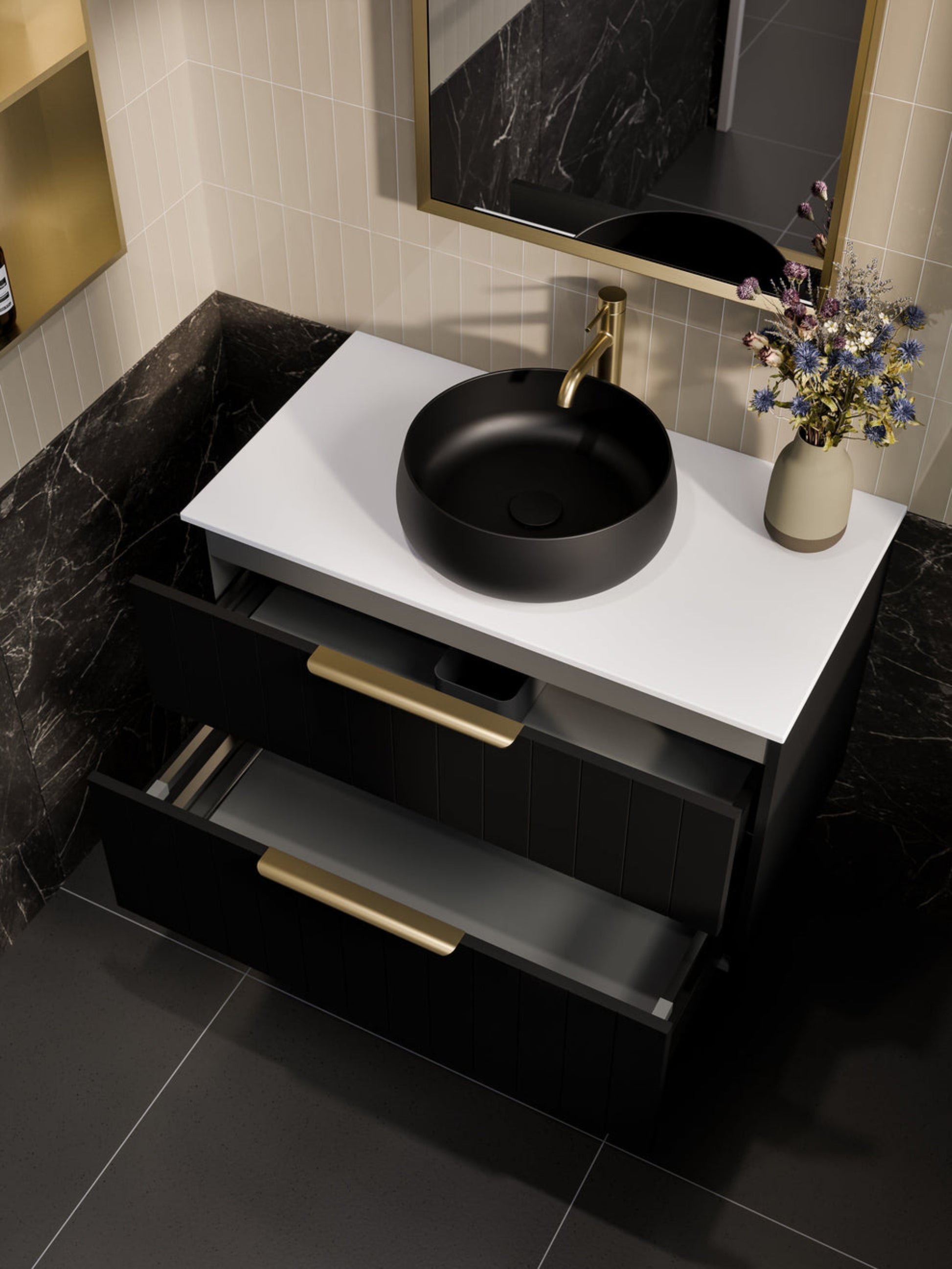 LINEARE 900 COASTAL DOUBLE DRAWER BATHROOM VANITY - SOLID SLAB TOP MATTE BLACK