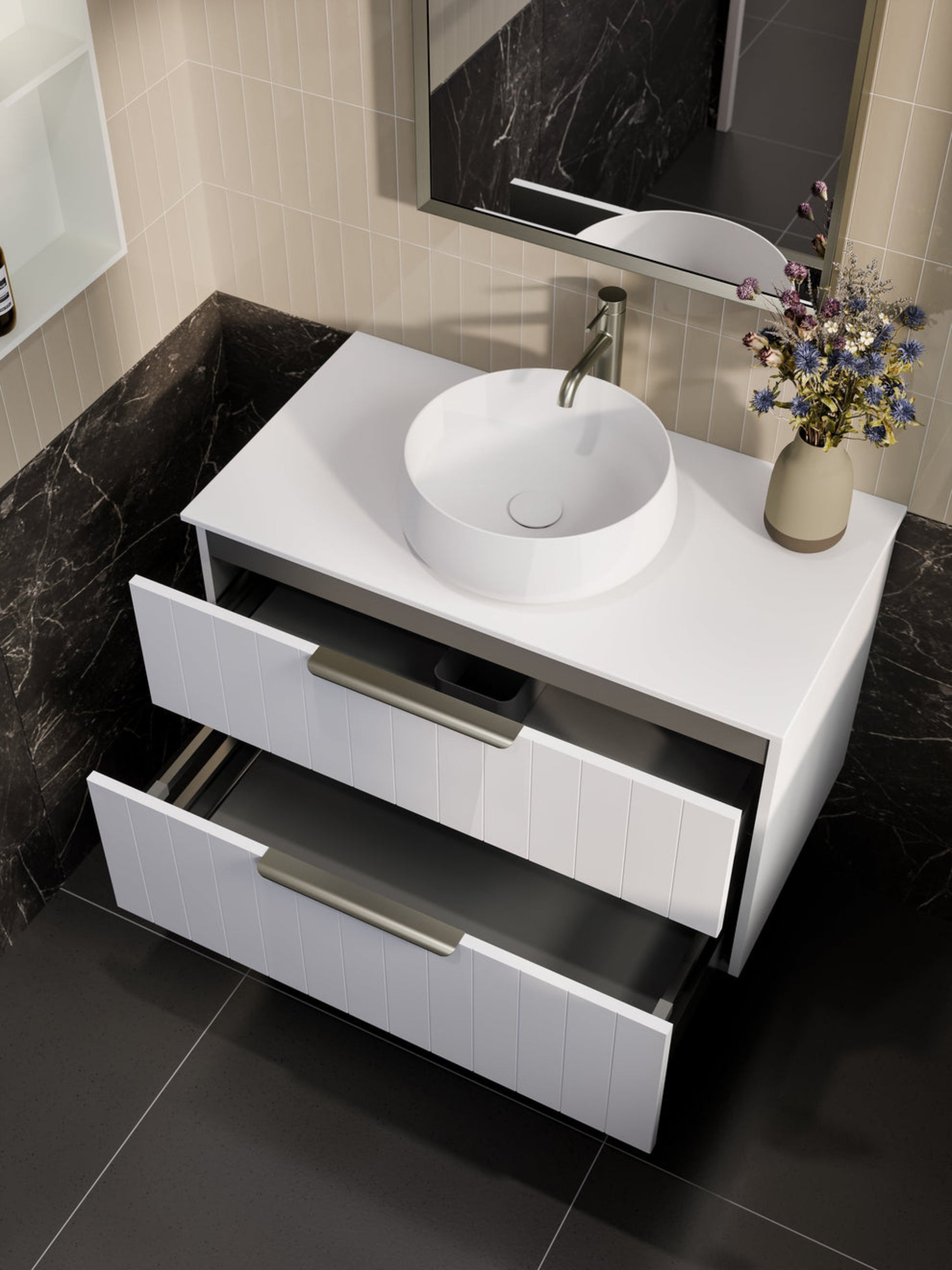 LINEARE 900 COASTAL DOUBLE DRAWER BATHROOM VANITY - SOLID SLAB TOP MATTE WHITE