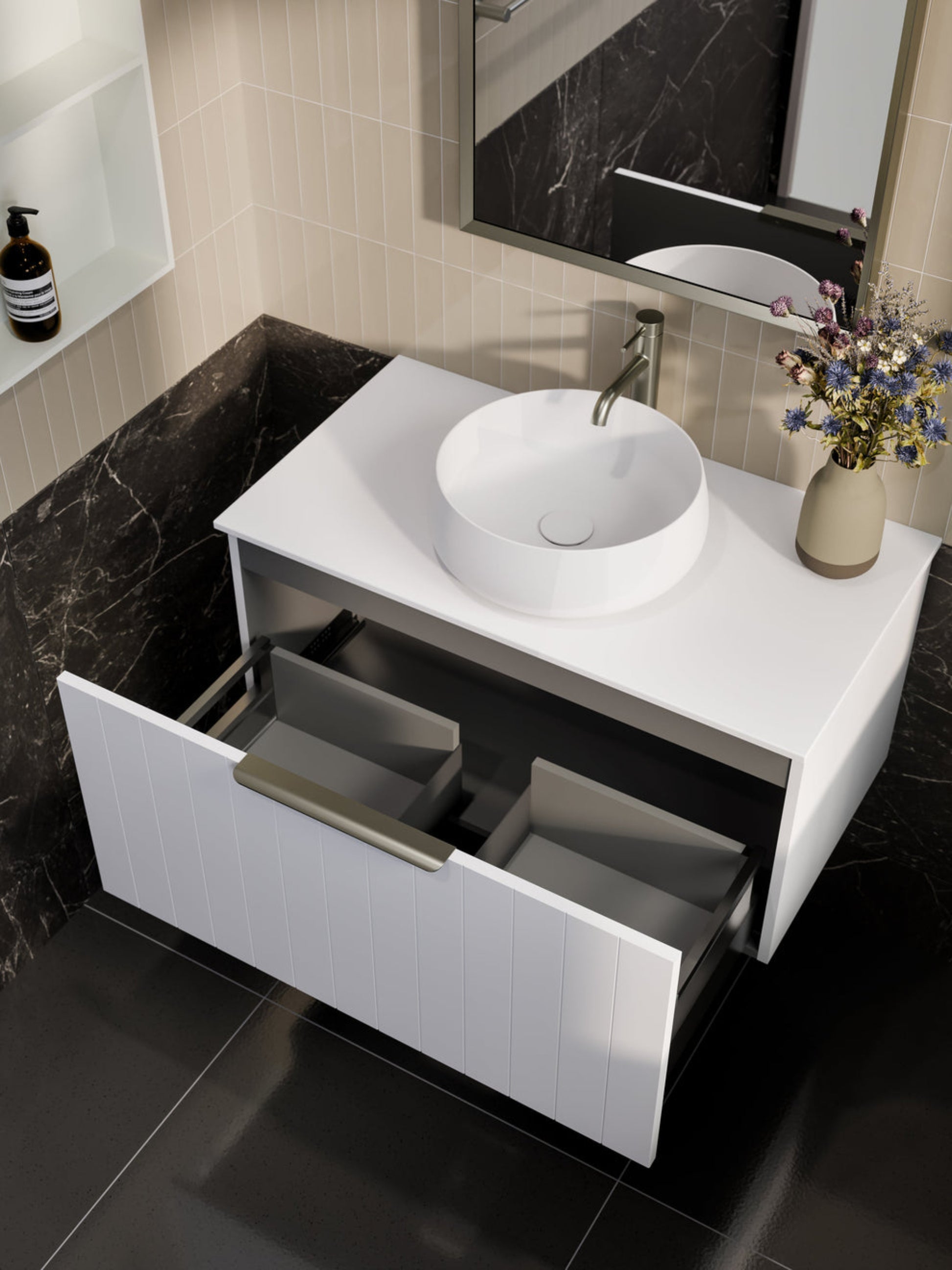 LINEARE 900 COASTAL SINGLE DRAWER BATHROOM VANITY - SOLID SLAB TOP MATTE WHITE