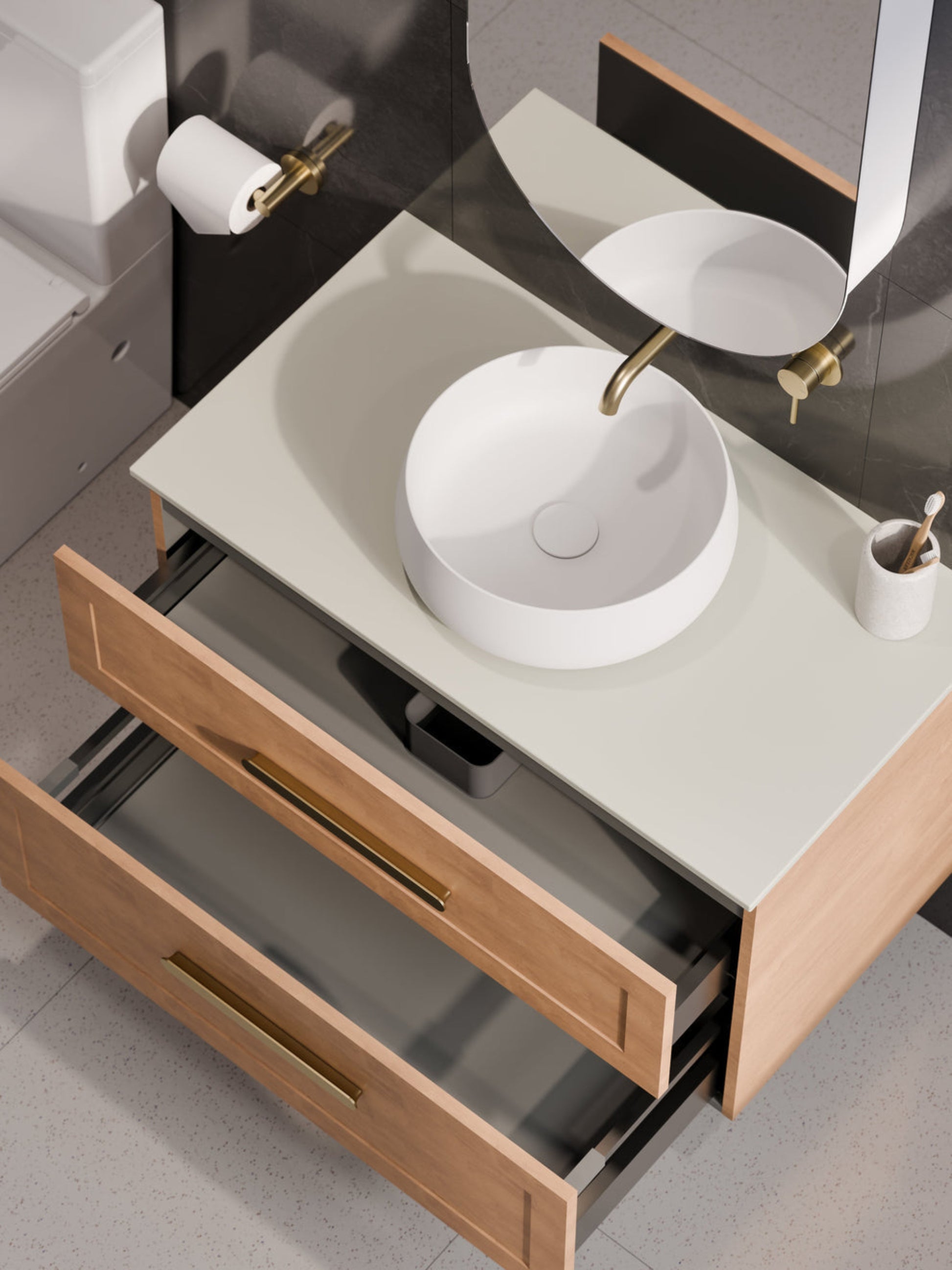 LINEARE 900 LOFT DOUBLE DRAWER BATHROOM VANITY - SOLID SLAB TOP DEVON OAK