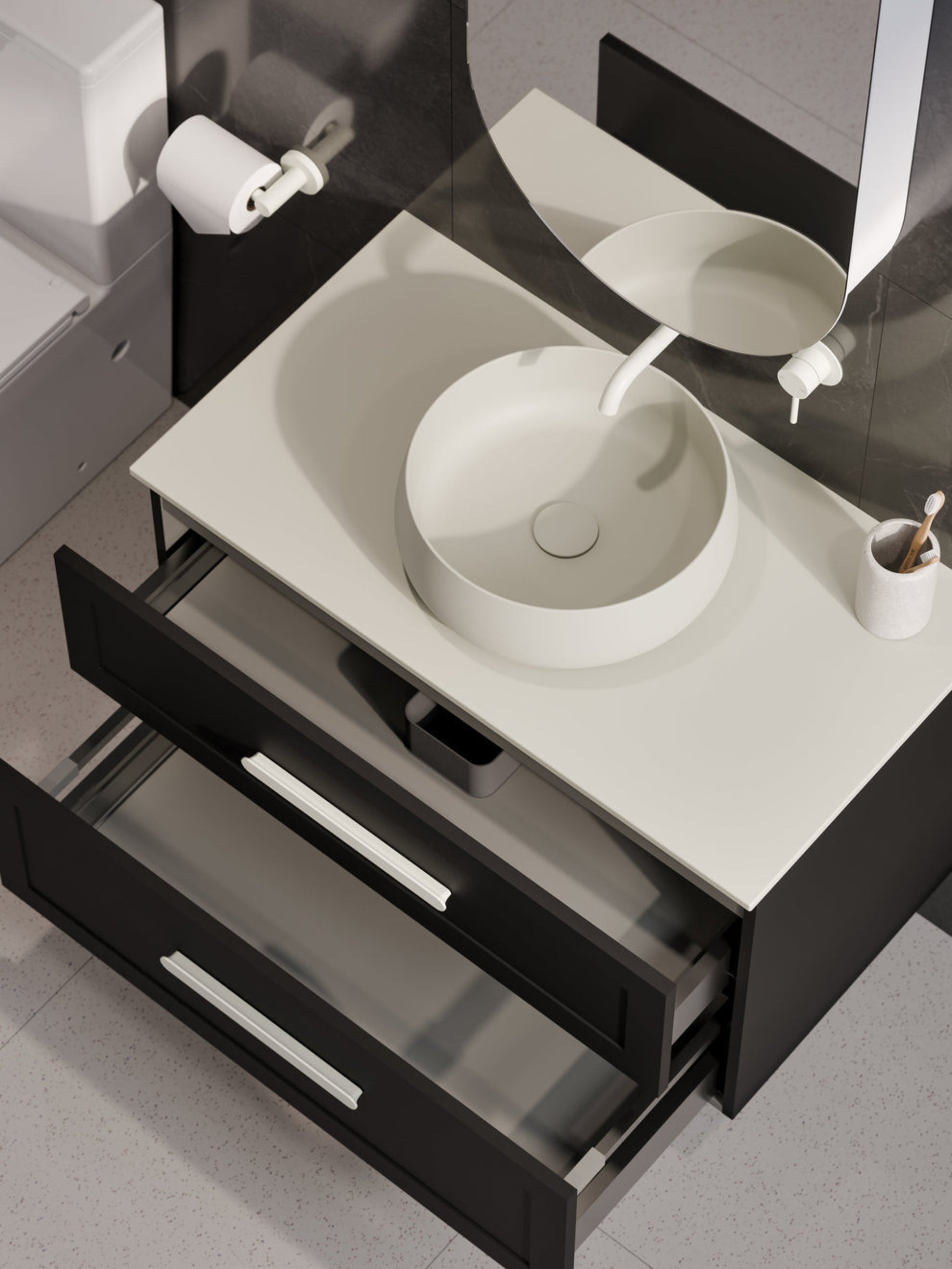 LINEARE 900 LOFT DOUBLE DRAWER BATHROOM VANITY - SOLID SLAB TOP MATTE BLACK