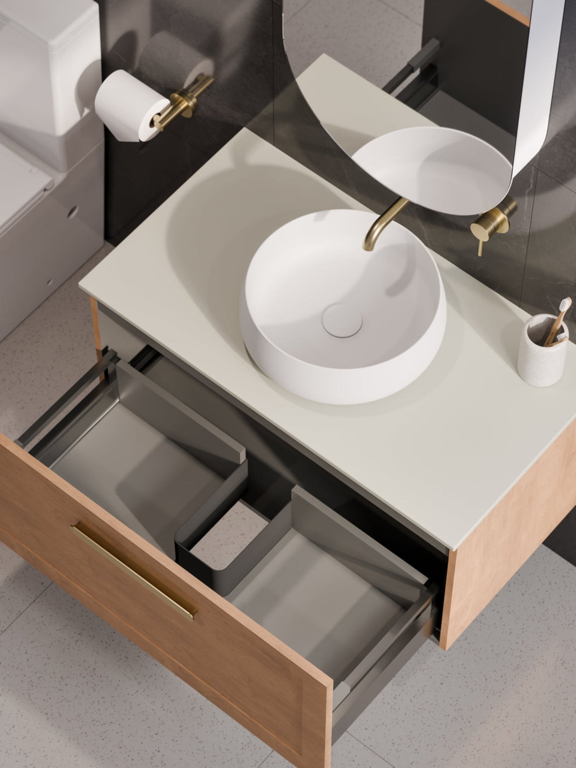 LINEARE 900 LOFT SINGLE DRAWER BATHROOM VANITY - SOLID SLAB TOP DEVON OAK