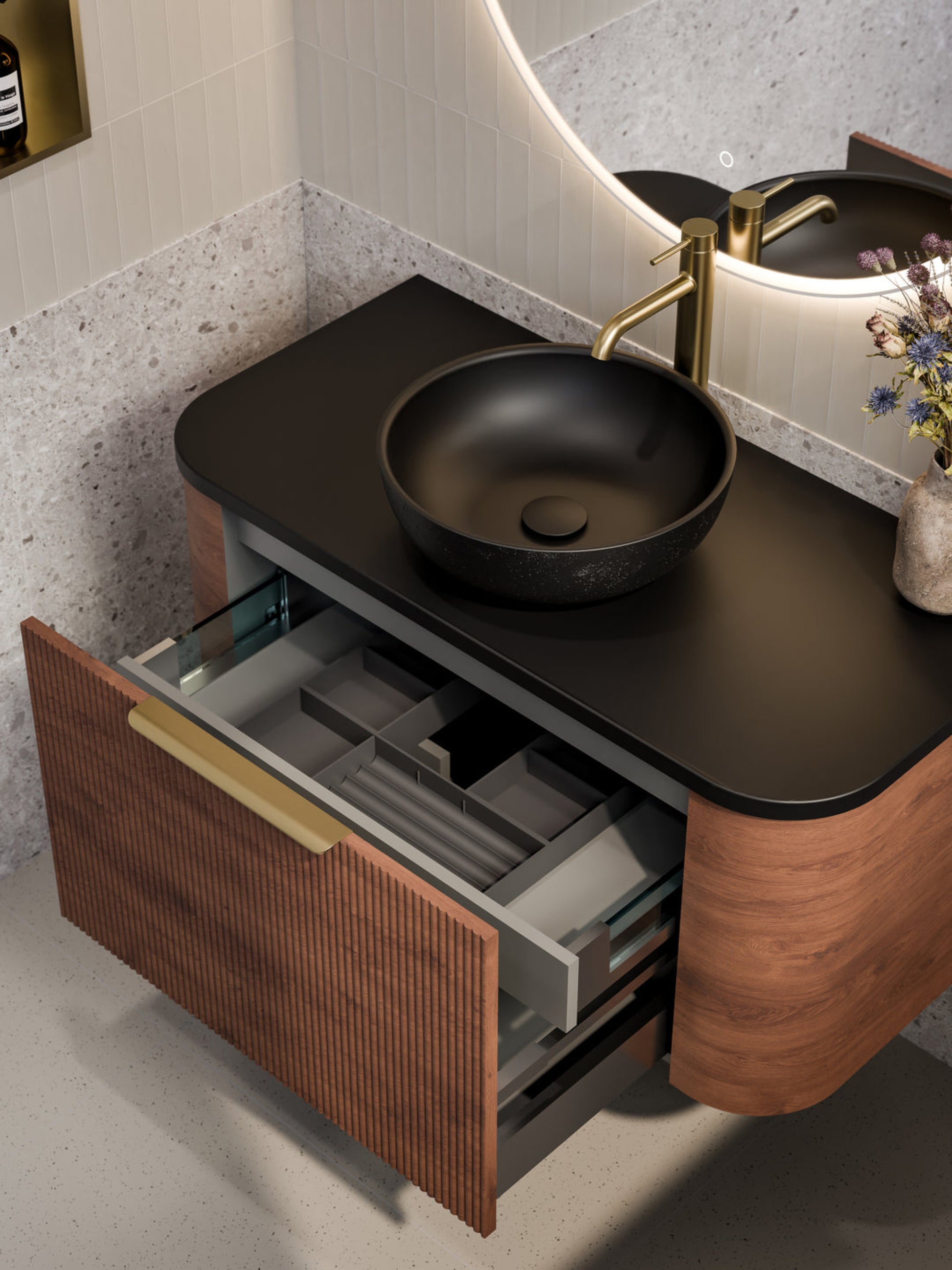 NATURE 1000 PILLAR BATHROOM VANITY - SOLID SLAB TOP WALNUT