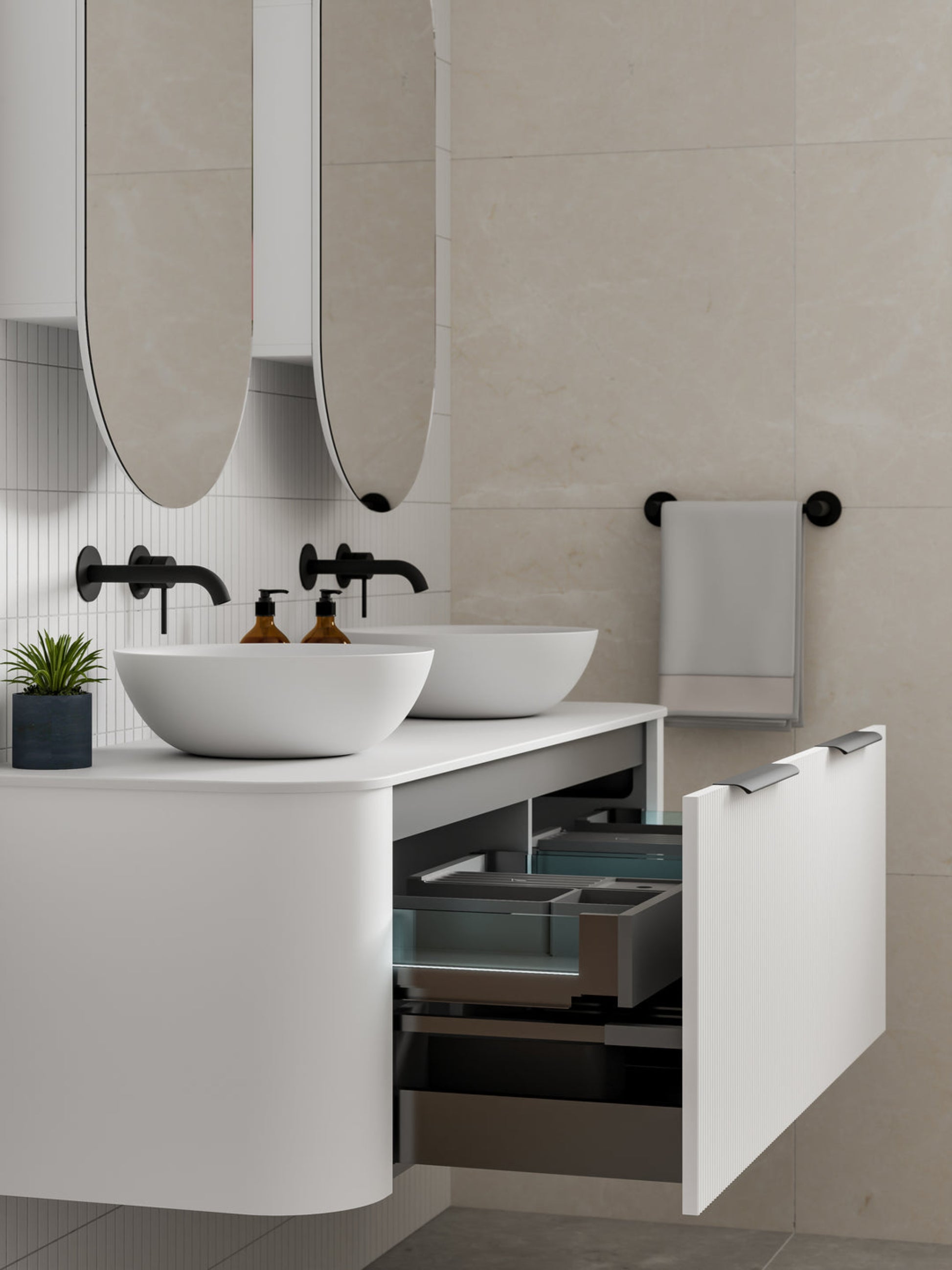 NATURE 1500 PILLAR BATHROOM VANITY - SOLID SLAB TOP MATTE WHITE