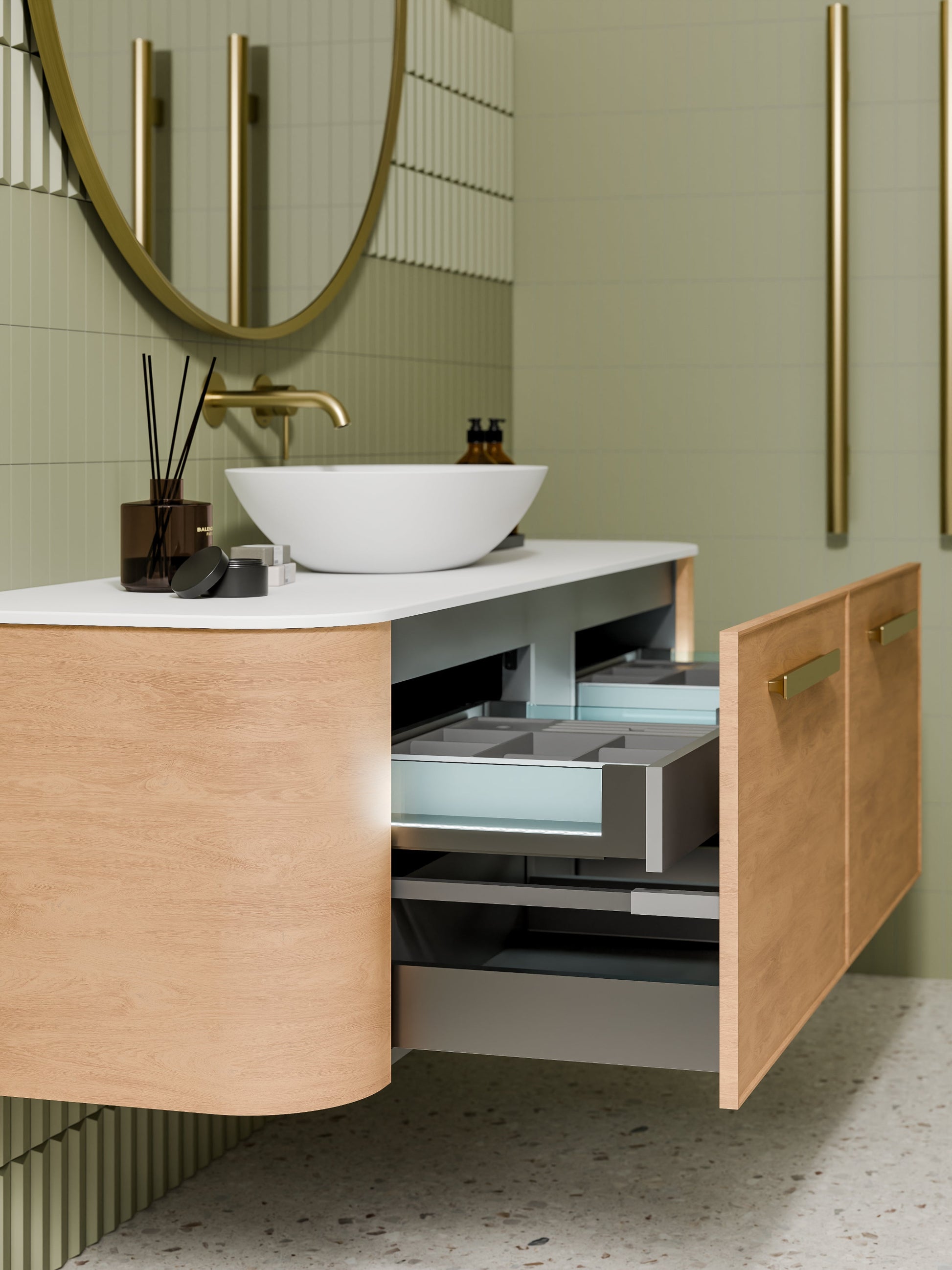 NATURE 1500 SINGLE SINK AXEL BATHROOM VANITY - SOLID SLAB TOP DEVON OAK