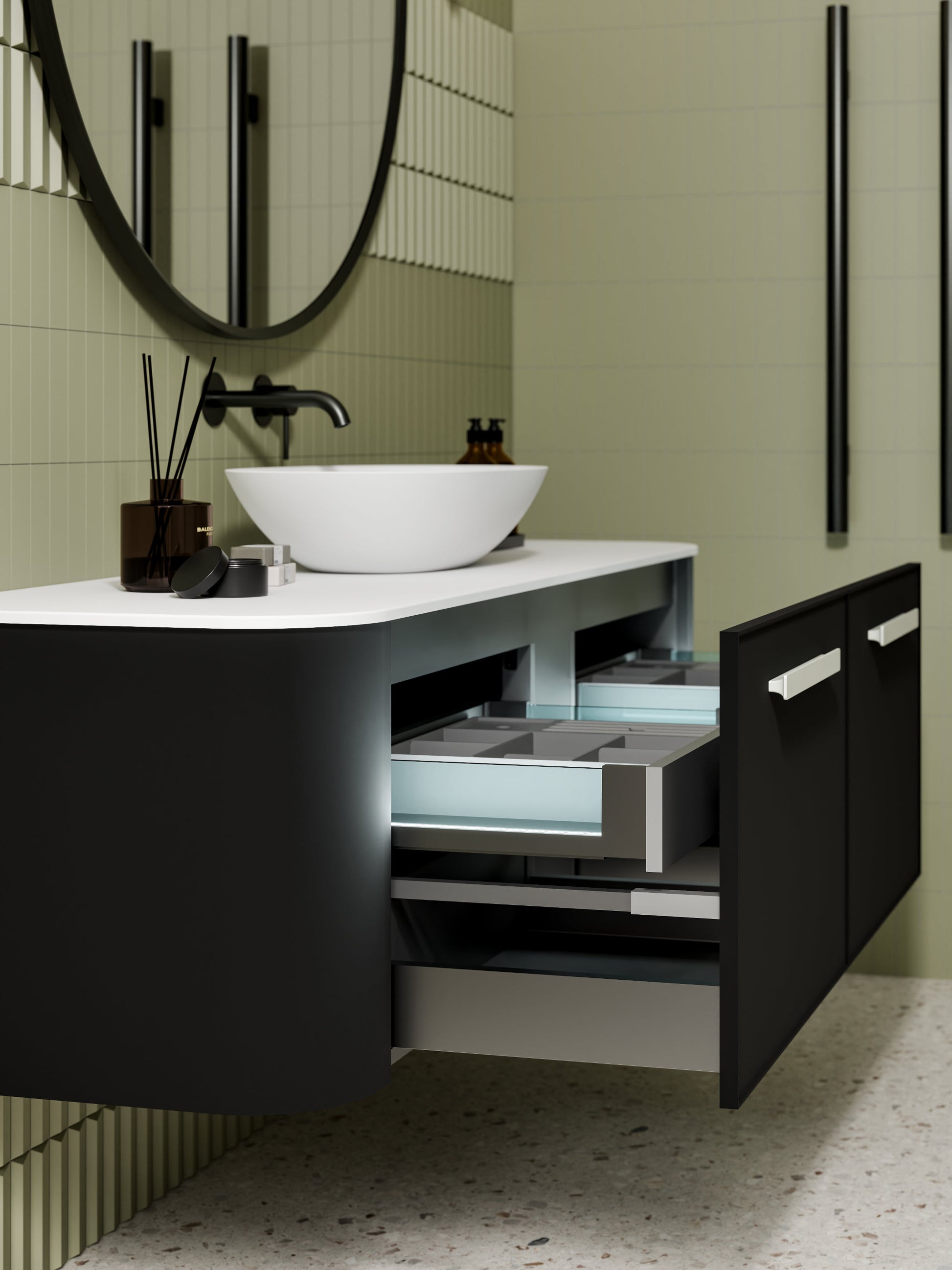 NATURE 1500 SINGLE SINK AXEL BATHROOM VANITY - SOLID SLAB TOP MATTE BLACK