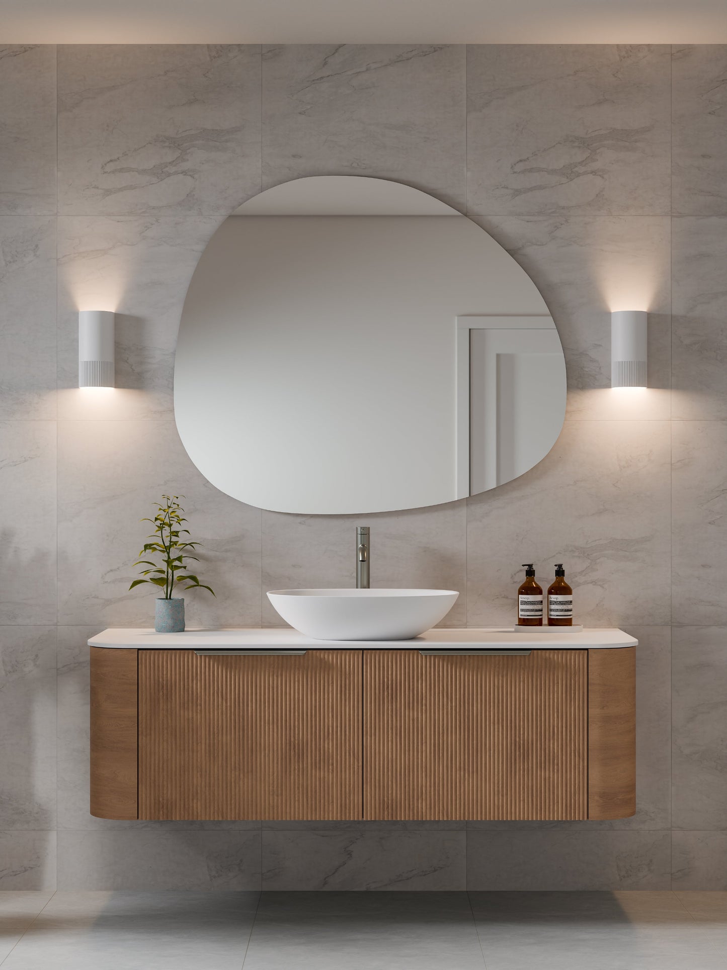 NATURE 1500 SINGLE SINK PILLAR BATHROOM VANITY - SOLID SLAB TOP DEVON OAK