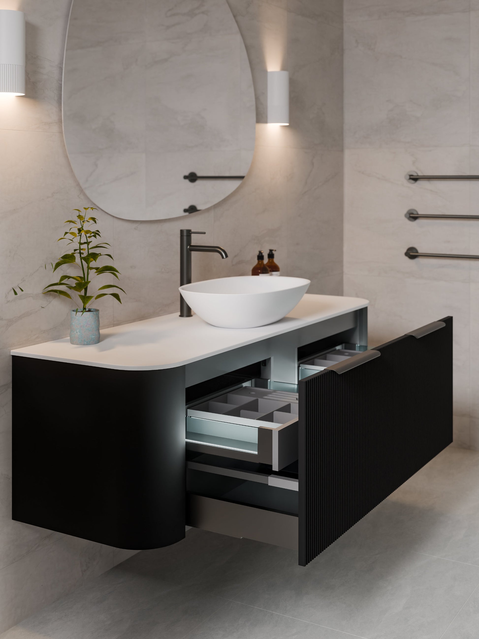 NATURE 1500 SINGLE SINK PILLAR BATHROOM VANITY - SOLID SLAB TOP MATTE BLACK