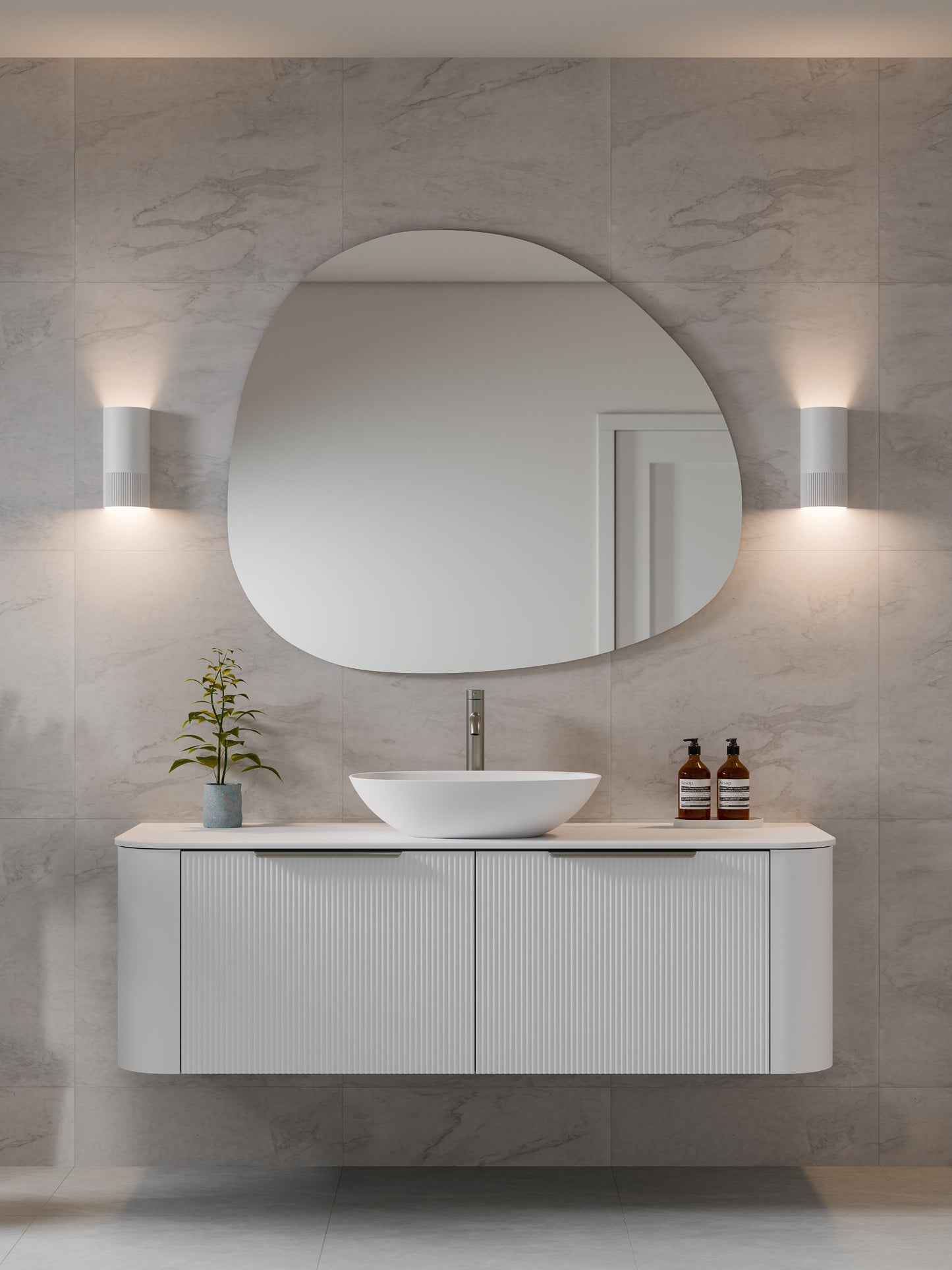NATURE 1500 SINGLE SINK PILLAR BATHROOM VANITY - SOLID SLAB TOP MATTE WHITE