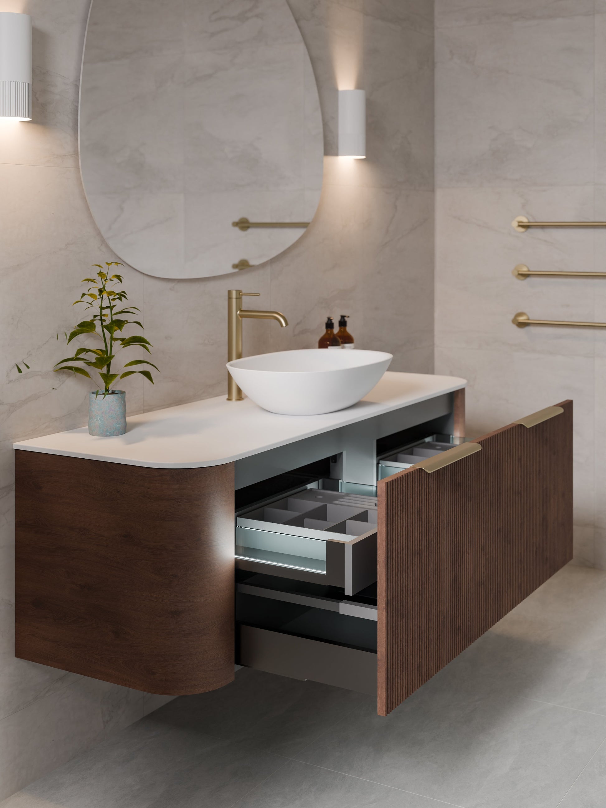 NATURE 1500 SINGLE SINK PILLAR BATHROOM VANITY - SOLID SLAB TOP WALNUT