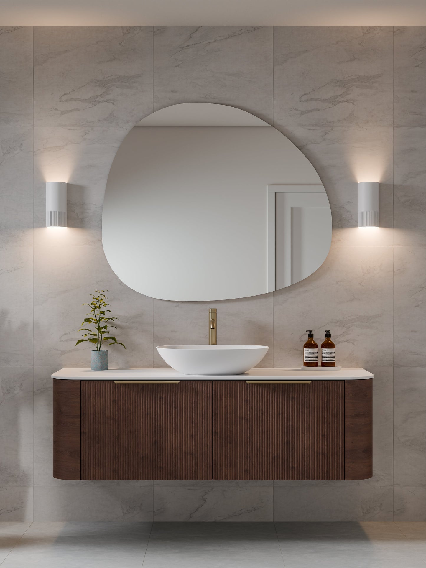 NATURE 1500 SINGLE SINK PILLAR BATHROOM VANITY - SOLID SLAB TOP WALNUT