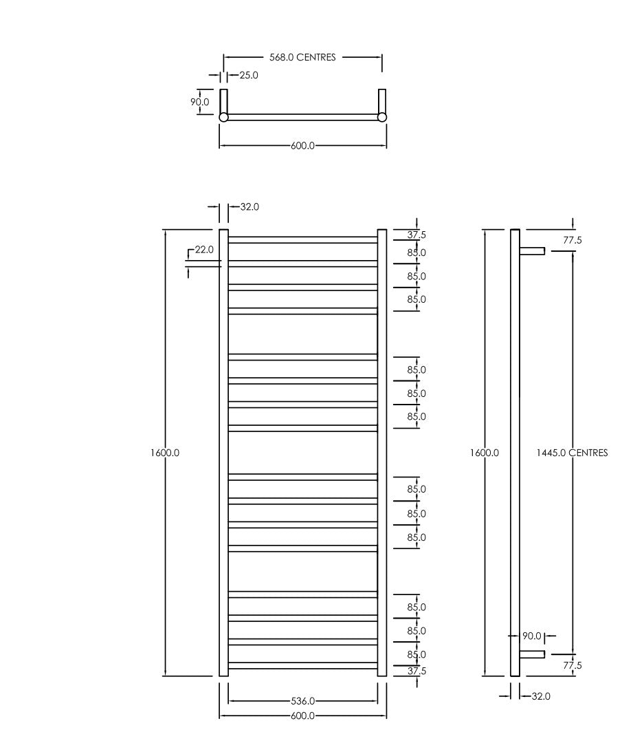 CODE ROUND HEATED TOWEL LADDER 1600X600MM - 2 COLOURS WHOLESALE