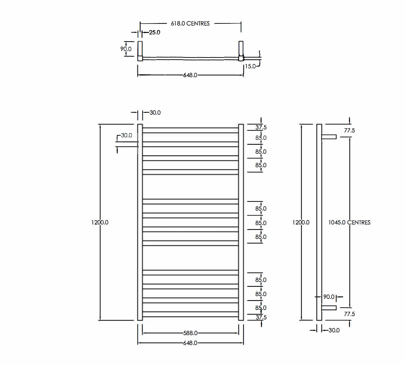 CODE SQUARE HEATED TOWEL LADDER 1200X650MM - 5 COLOURS WHOLESALE