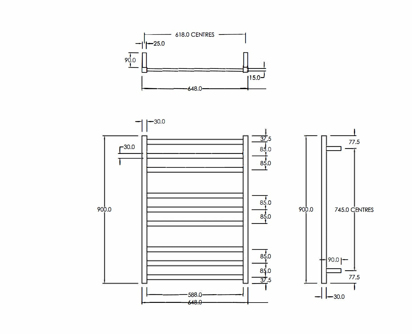 CODE SQUARE HEATED TOWEL LADDERS 900X650MM - 5 COLOURS WHOLESALE