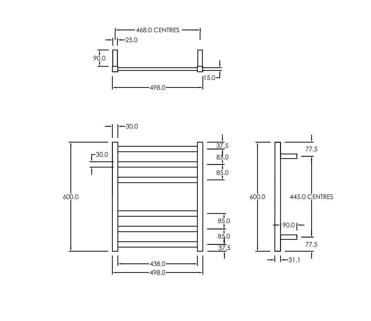 CODE SQUARE HEATED TOWEL LADDER 600X500MM - 2 COLOURS
