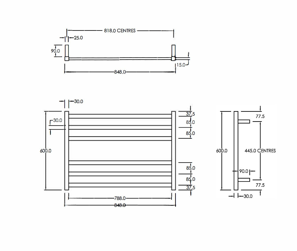 CODE SQUARE HEATED TOWEL LADDER 600X850MM - 2 COLOURS WHOLESALE