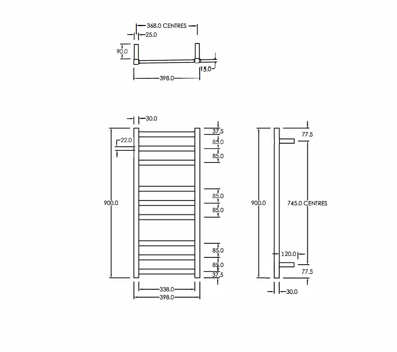 CODE SQUARE HEATED TOWEL LADDER 900X400MM - 5 COLOURS
