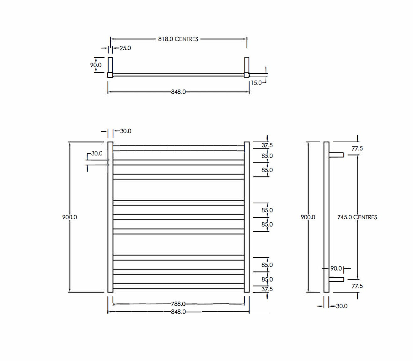CODE SQUARE HEATED TOWEL LADDER 900X850MM - 2 COLOURS WHOLESALE