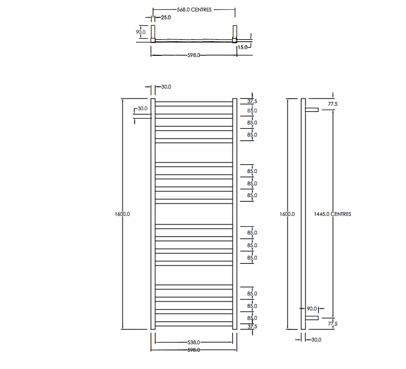CODE SQUARE HEATED TOWEL LADDER 1600X600MM - 2 COLOURS WHOLESALE