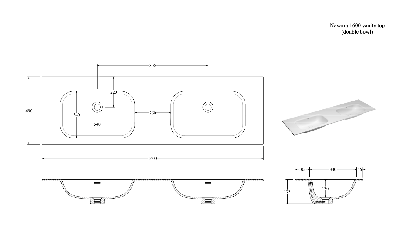 NAVARRA 1600 DOUBLE VANITY SINK TOP RANGE