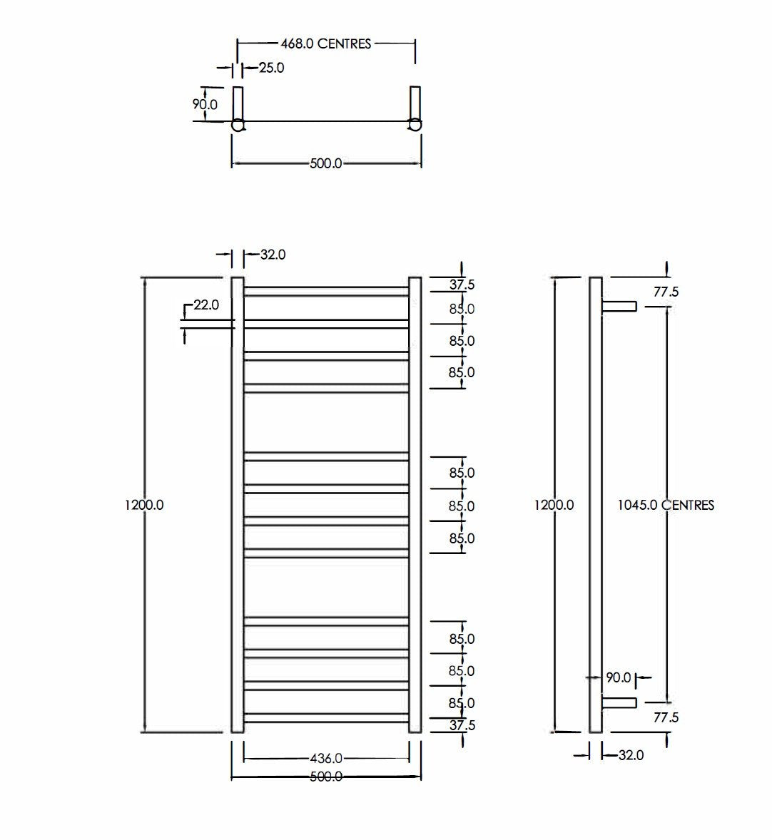 CODE ROUND HEATED TOWEL LADDERS 1200X500MM - 5 COLOURS WHOLESALE