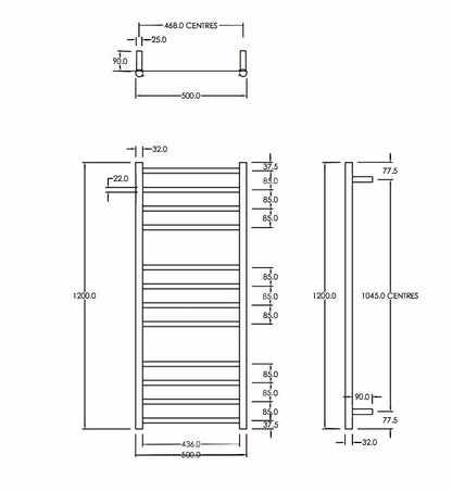CODE ROUND HEATED TOWEL LADDERS 1200X500MM - 6 COLOURS