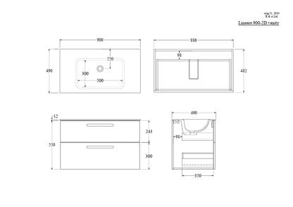 LINEARE 900 LOFT DOUBLE DRAWER VANITY - SOLID SLAB TOP