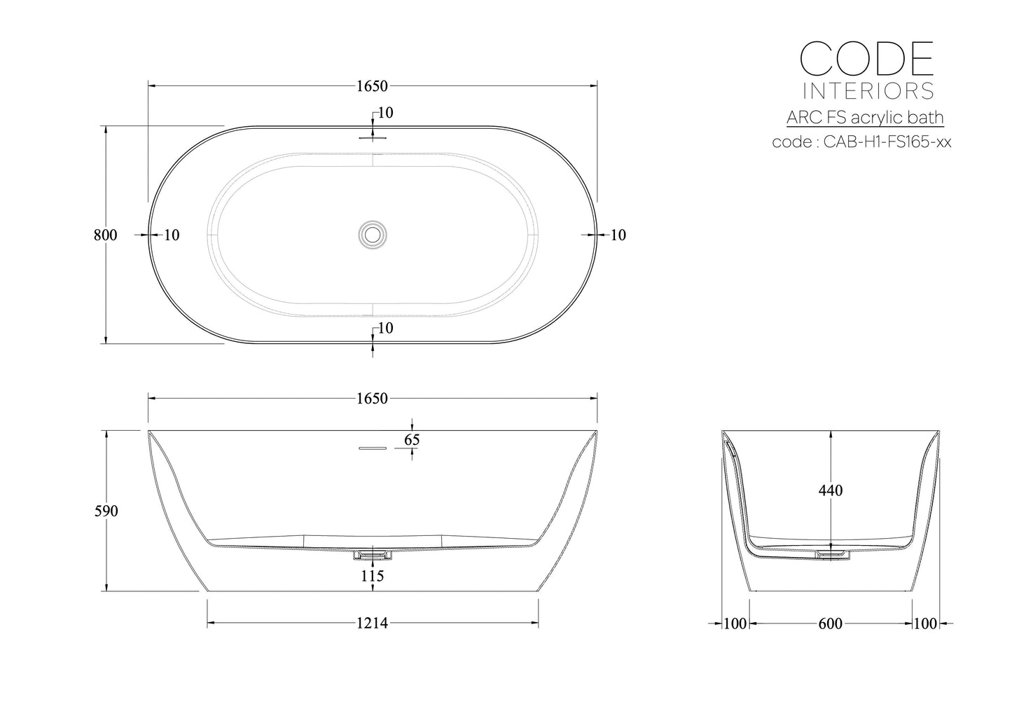CODE ENDURA ARC ACRYLIC 1650 FREESTANDING BATH WHOLESALE
